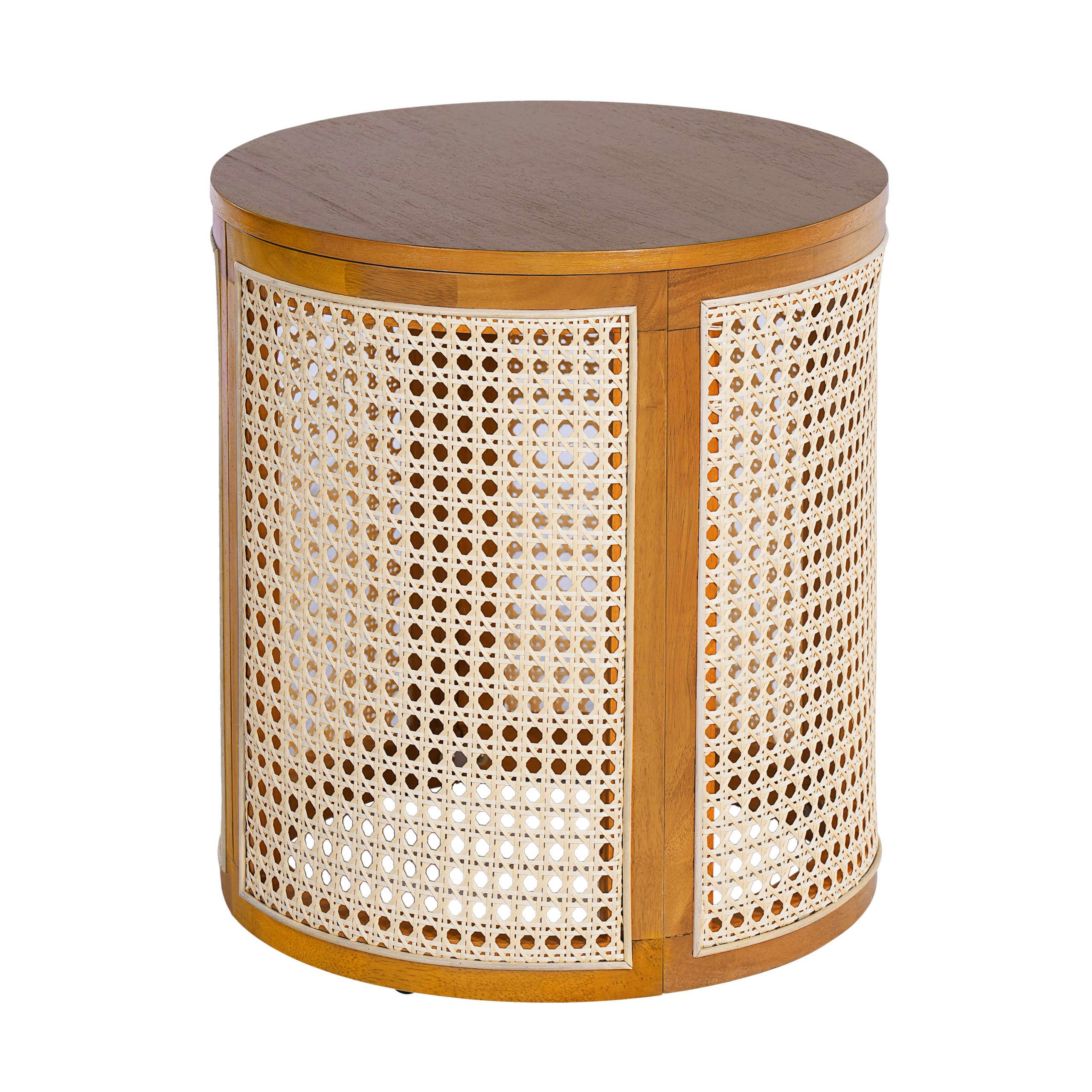 15.70" Round End Table, Hollow Woven Side Table, Small Rubber Wood Nightstand, Rattan Woven Tea Desk, Round Wood Tabletop, Chic Home Decor Desk, Easy Assembly, Ochre Color - Image 6