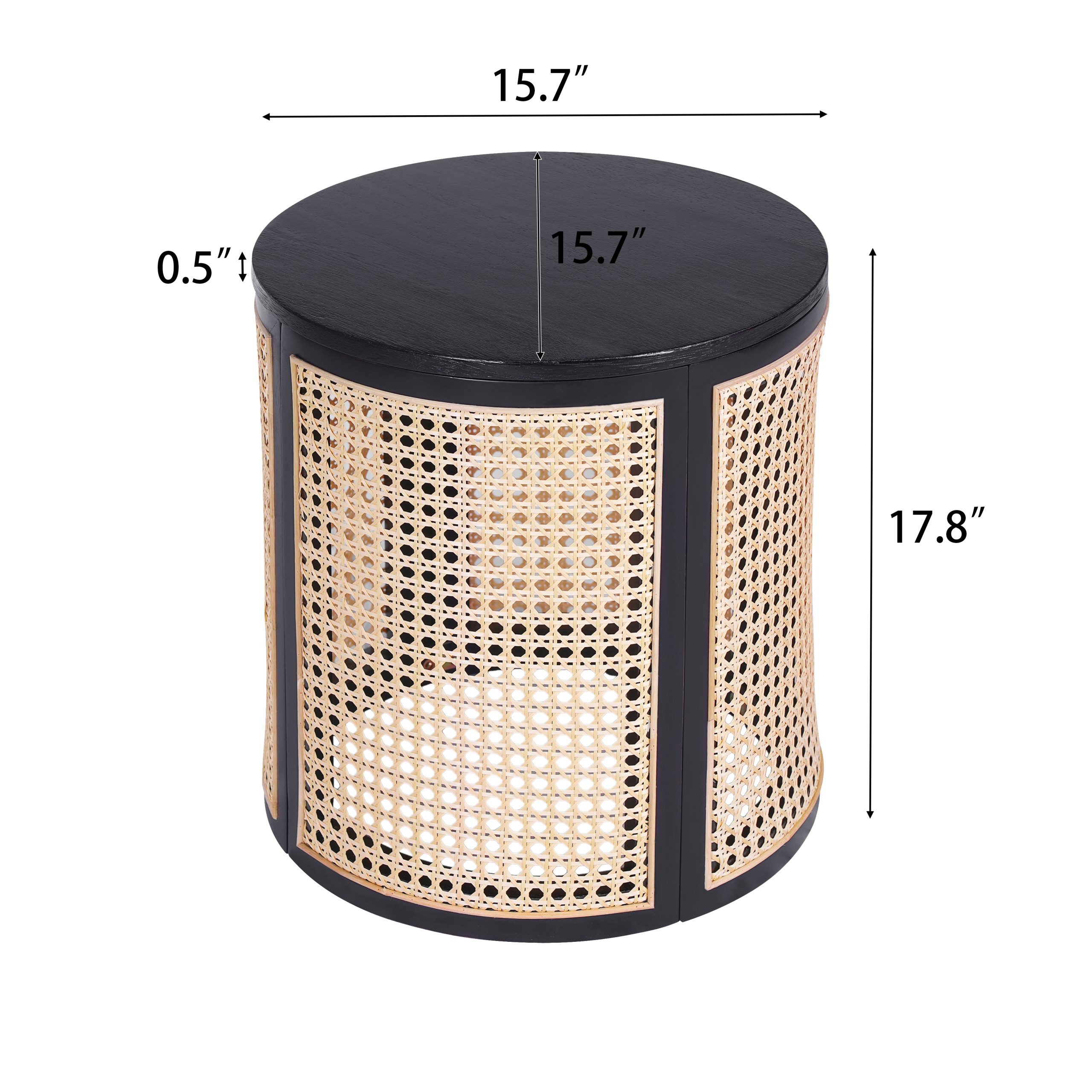 15.70" Round End Table, Hollow Woven Side Table, Small Rubber Wood Nightstand, Rattan Woven Tea Desk, Round Wood Tabletop, Chic Home Decor Desk, Easy Assembly, Black Color - Image 2