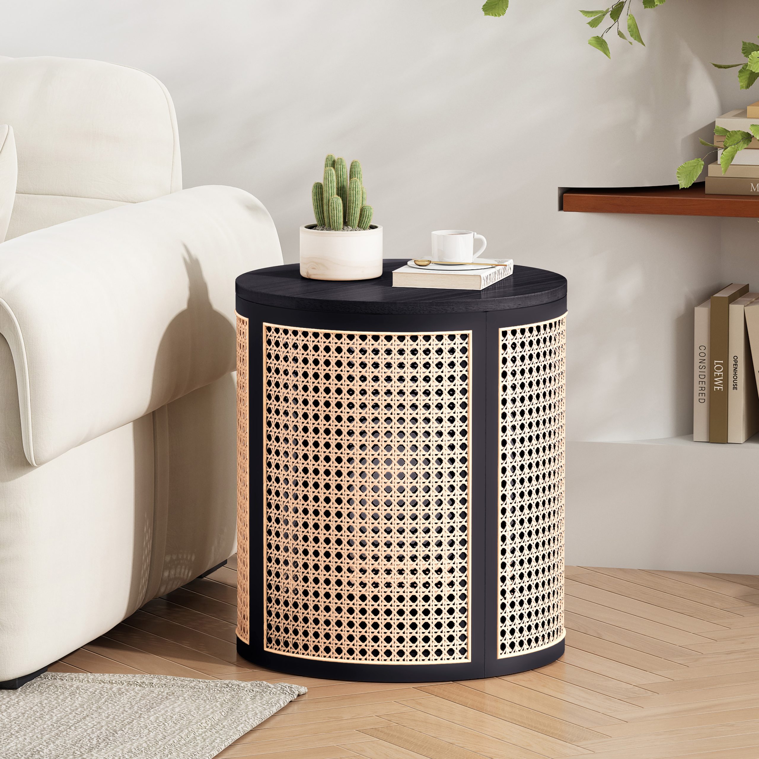 15.70" Round End Table, Hollow Woven Side Table, Small Rubber Wood Nightstand, Rattan Woven Tea Desk, Round Wood Tabletop, Chic Home Decor Desk, Easy Assembly, Black Color - Image 3