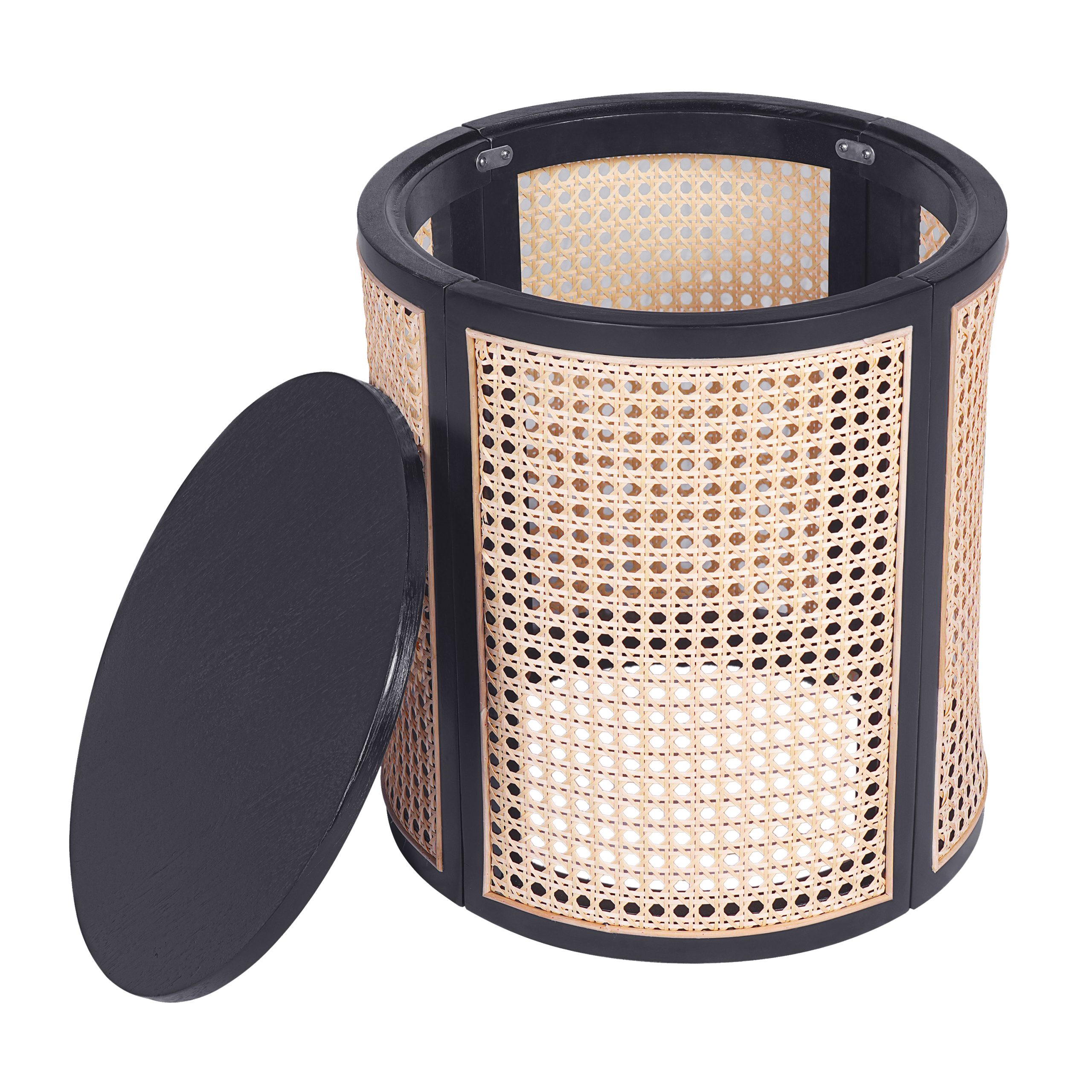 15.70" Round End Table, Hollow Woven Side Table, Small Rubber Wood Nightstand, Rattan Woven Tea Desk, Round Wood Tabletop, Chic Home Decor Desk, Easy Assembly, Black Color - Image 4