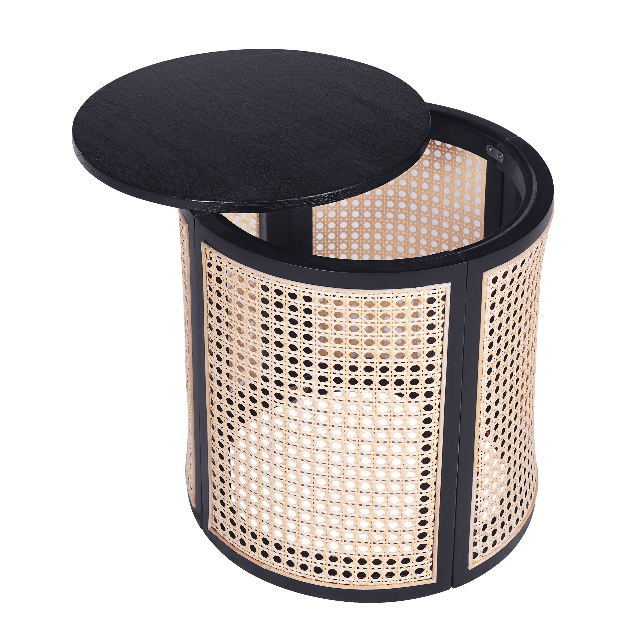 15.70" Round End Table, Hollow Woven Side Table, Small Rubber Wood Nightstand, Rattan Woven Tea Desk, Round Wood Tabletop, Chic Home Decor Desk, Easy Assembly, Black Color - Image 5