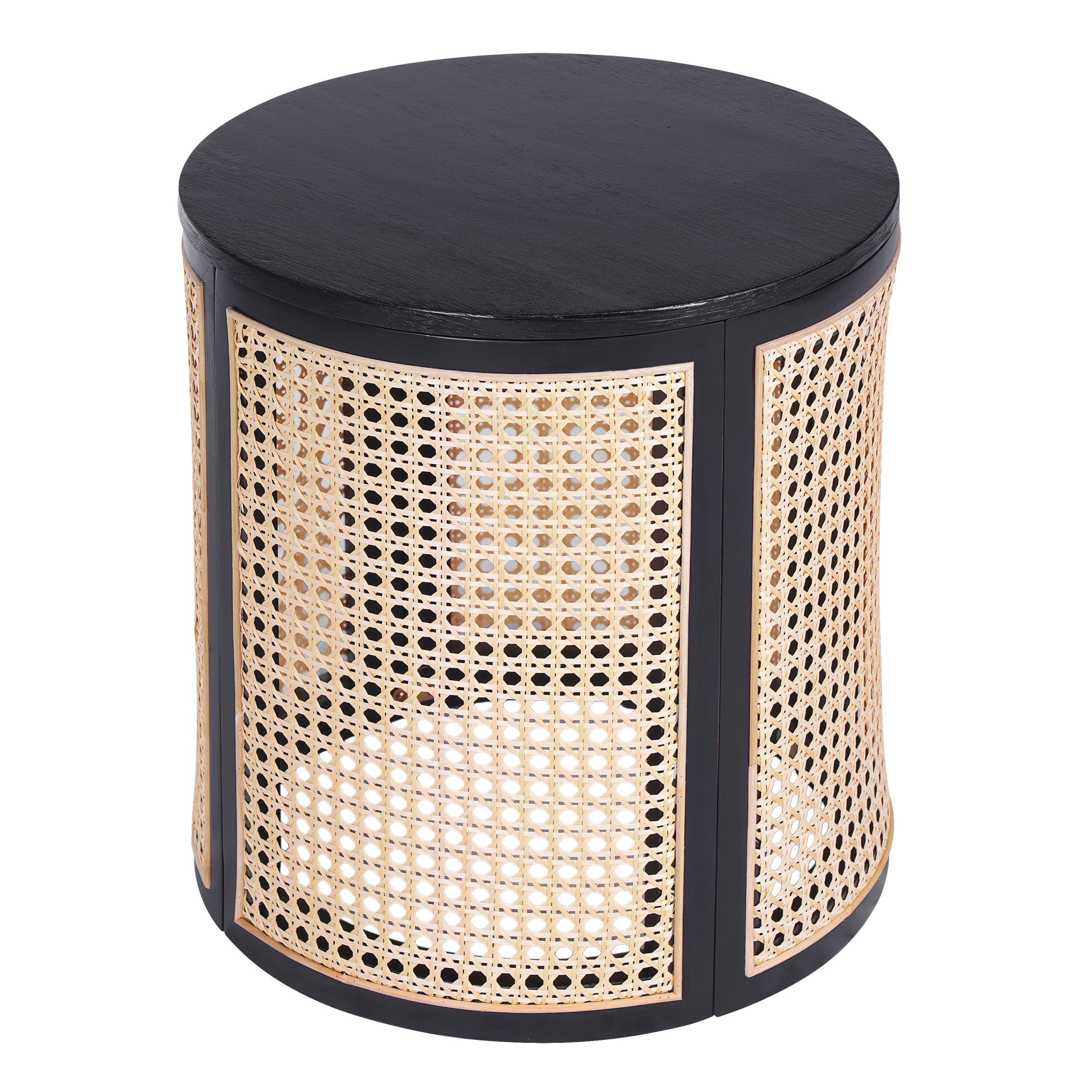 15.70" Round End Table, Hollow Woven Side Table, Small Rubber Wood Nightstand, Rattan Woven Tea Desk, Round Wood Tabletop, Chic Home Decor Desk, Easy Assembly, Black Color - Image 6