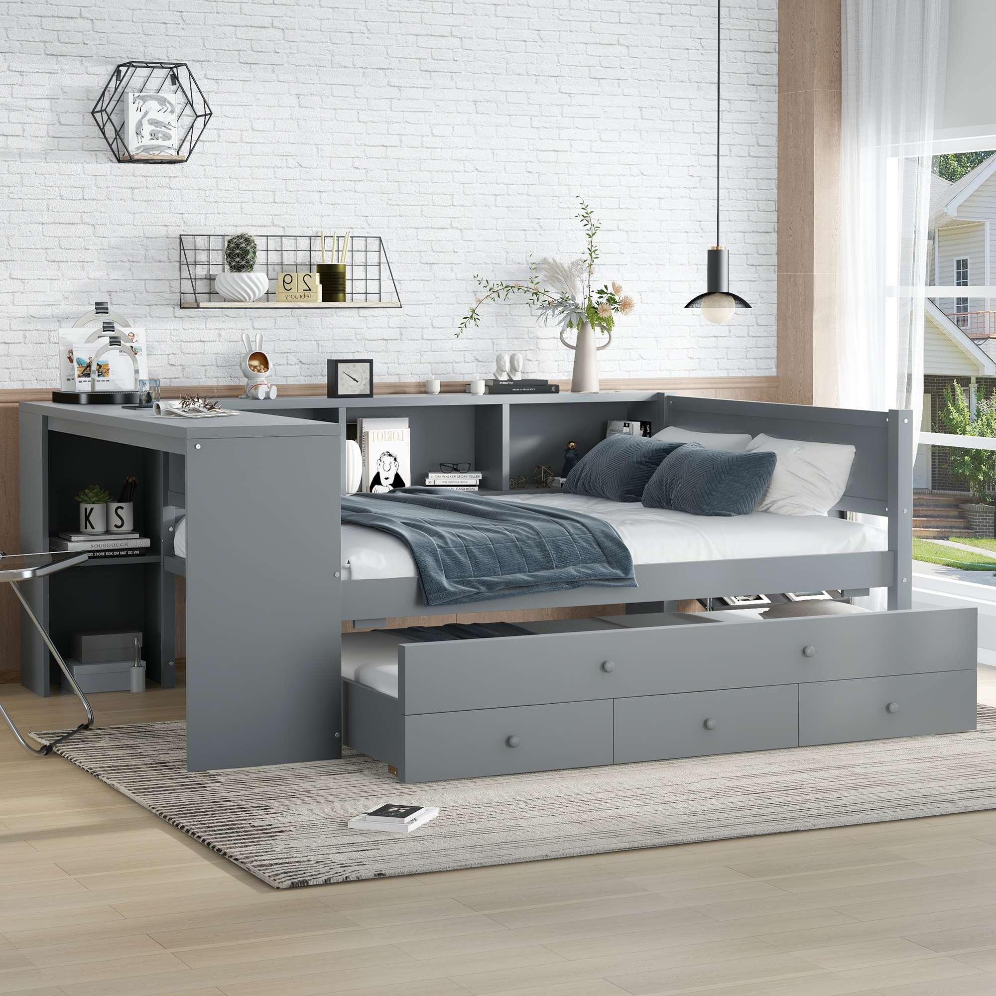 Full Size Daybed with Trundle, Wood Day Bed Frame with Storage Drawers and Side Shelves, Daybed with Desk, No Spring Box Needed, Gray - Image 2