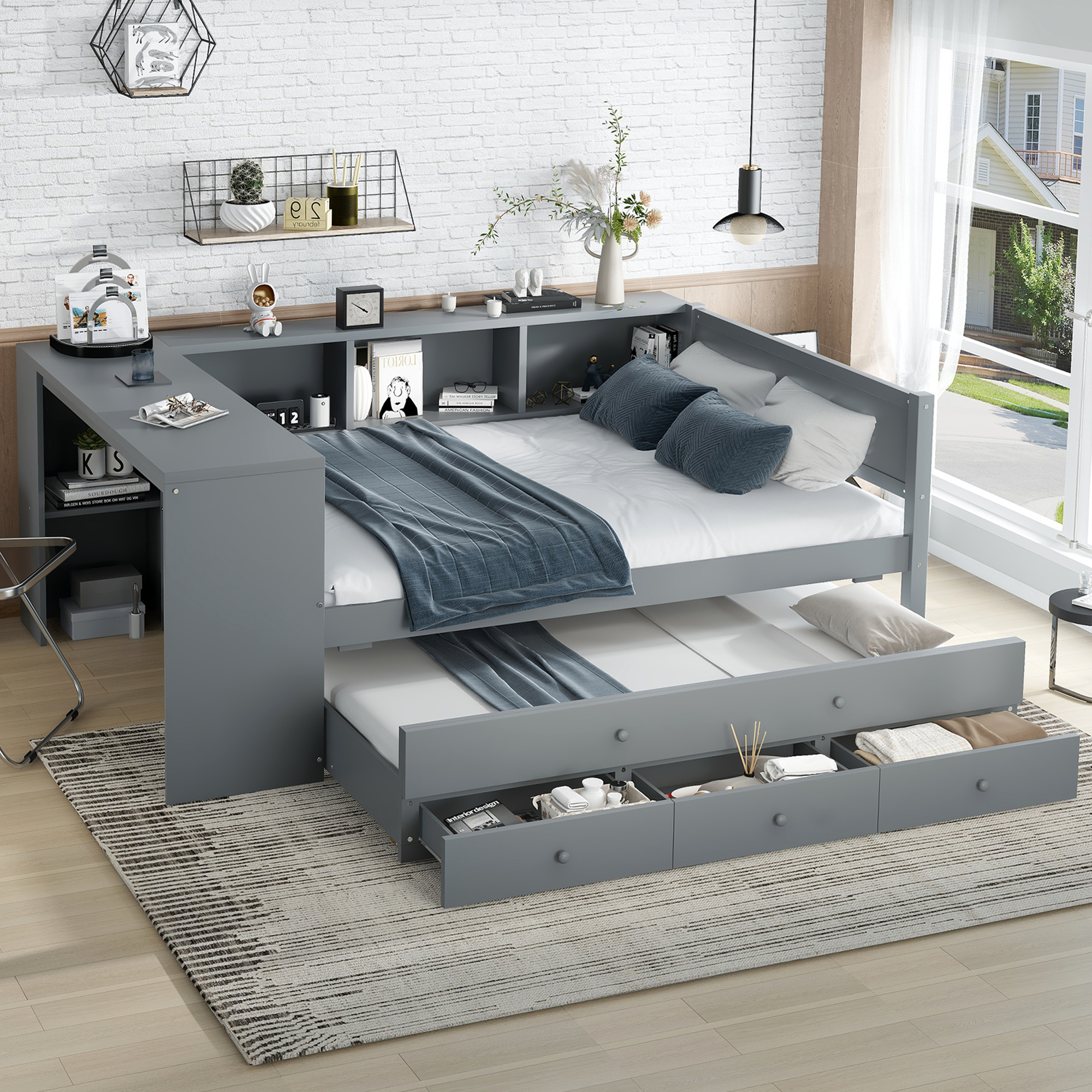 Full Size Daybed with Trundle, Wood Day Bed Frame with Storage Drawers and Side Shelves, Daybed with Desk, No Spring Box Needed, Gray - Image 1