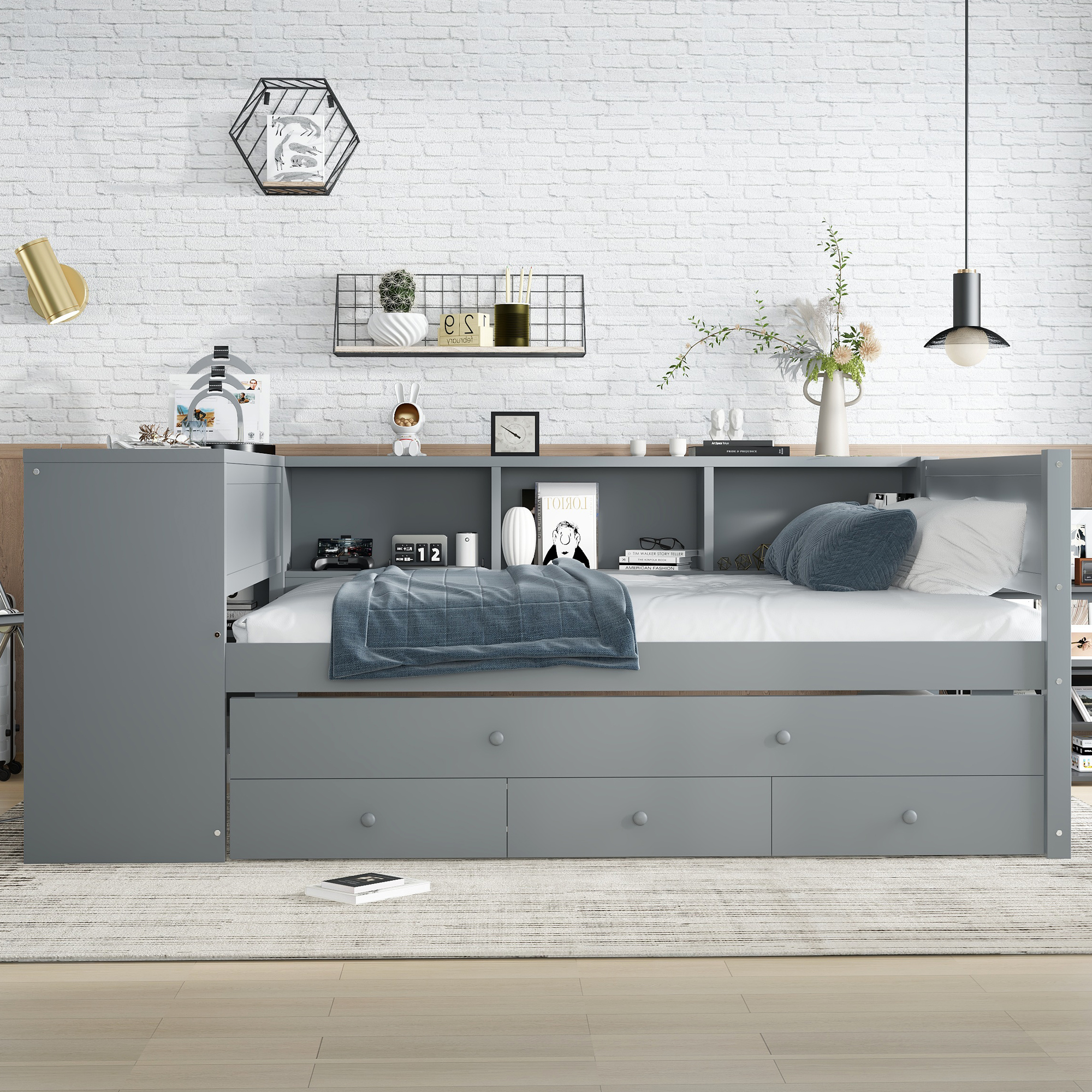 Full Size Daybed with Trundle, Wood Day Bed Frame with Storage Drawers and Side Shelves, Daybed with Desk, No Spring Box Needed, Gray - Image 3