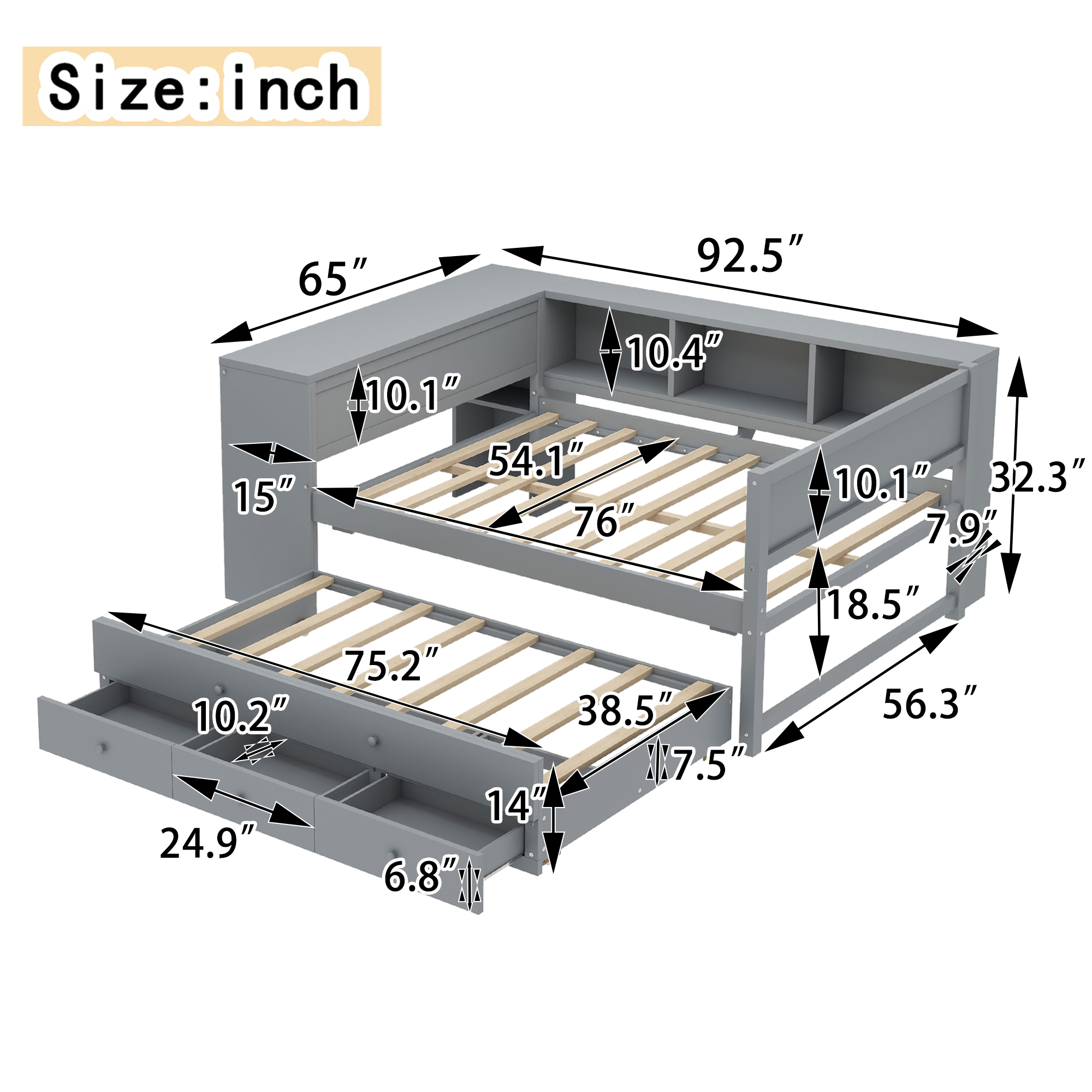 Full Size Daybed with Trundle, Wood Day Bed Frame with Storage Drawers and Side Shelves, Daybed with Desk, No Spring Box Needed, Gray - Image 4