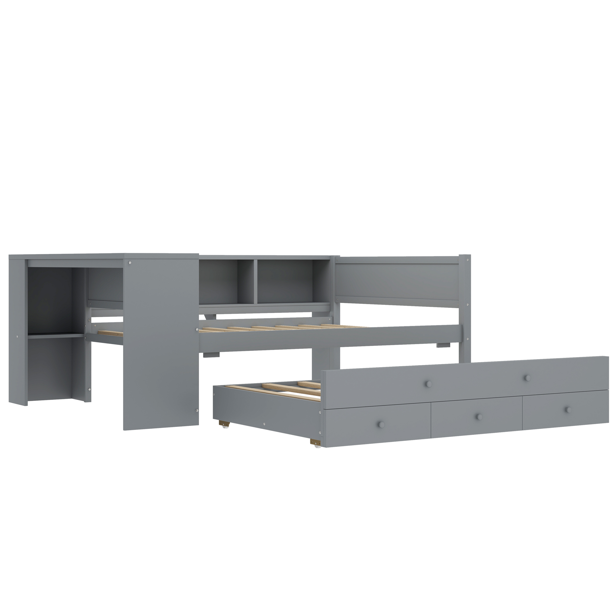 Full Size Daybed with Trundle, Wood Day Bed Frame with Storage Drawers and Side Shelves, Daybed with Desk, No Spring Box Needed, Gray - Image 5