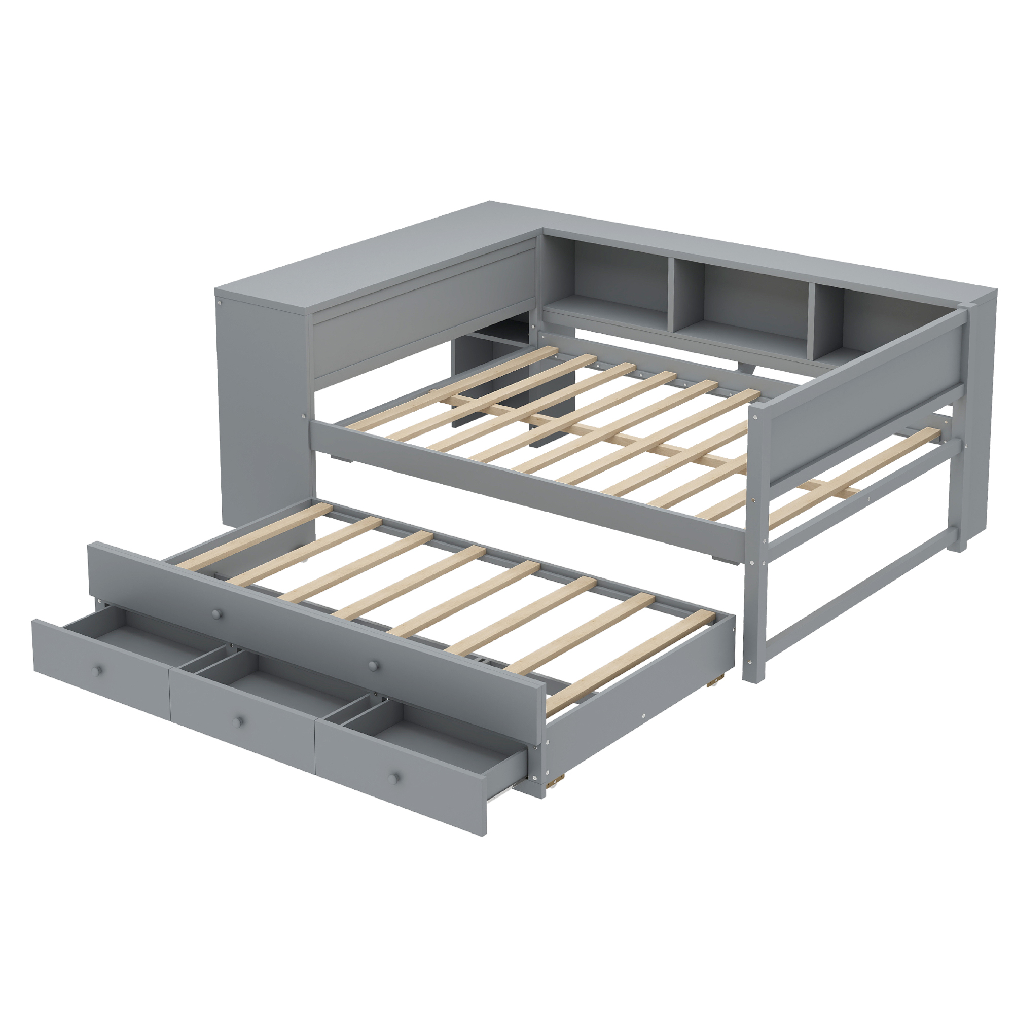 Full Size Daybed with Trundle, Wood Day Bed Frame with Storage Drawers and Side Shelves, Daybed with Desk, No Spring Box Needed, Gray - Image 6