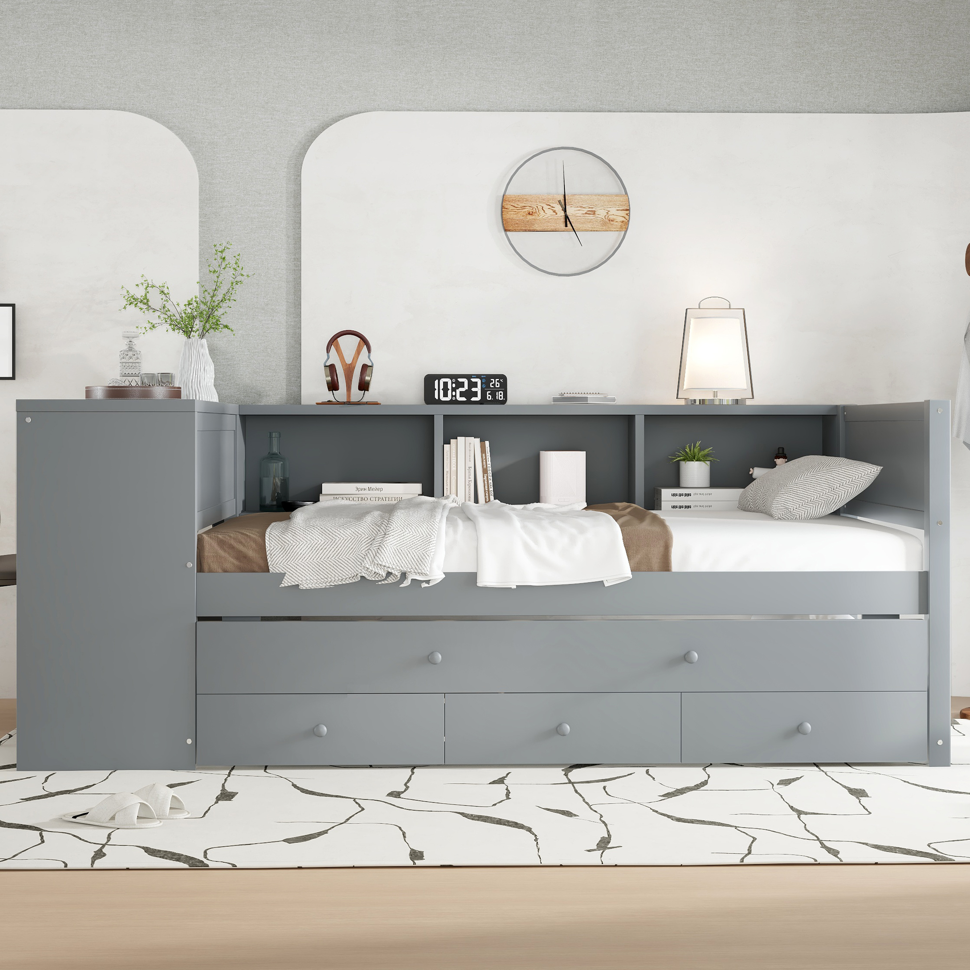 Twin Size Daybed with Trundle, Wood Day Bed Frame with Storage Drawers and Side Shelves, Daybed with Desk, No Spring Box Needed, Gray - Image 3