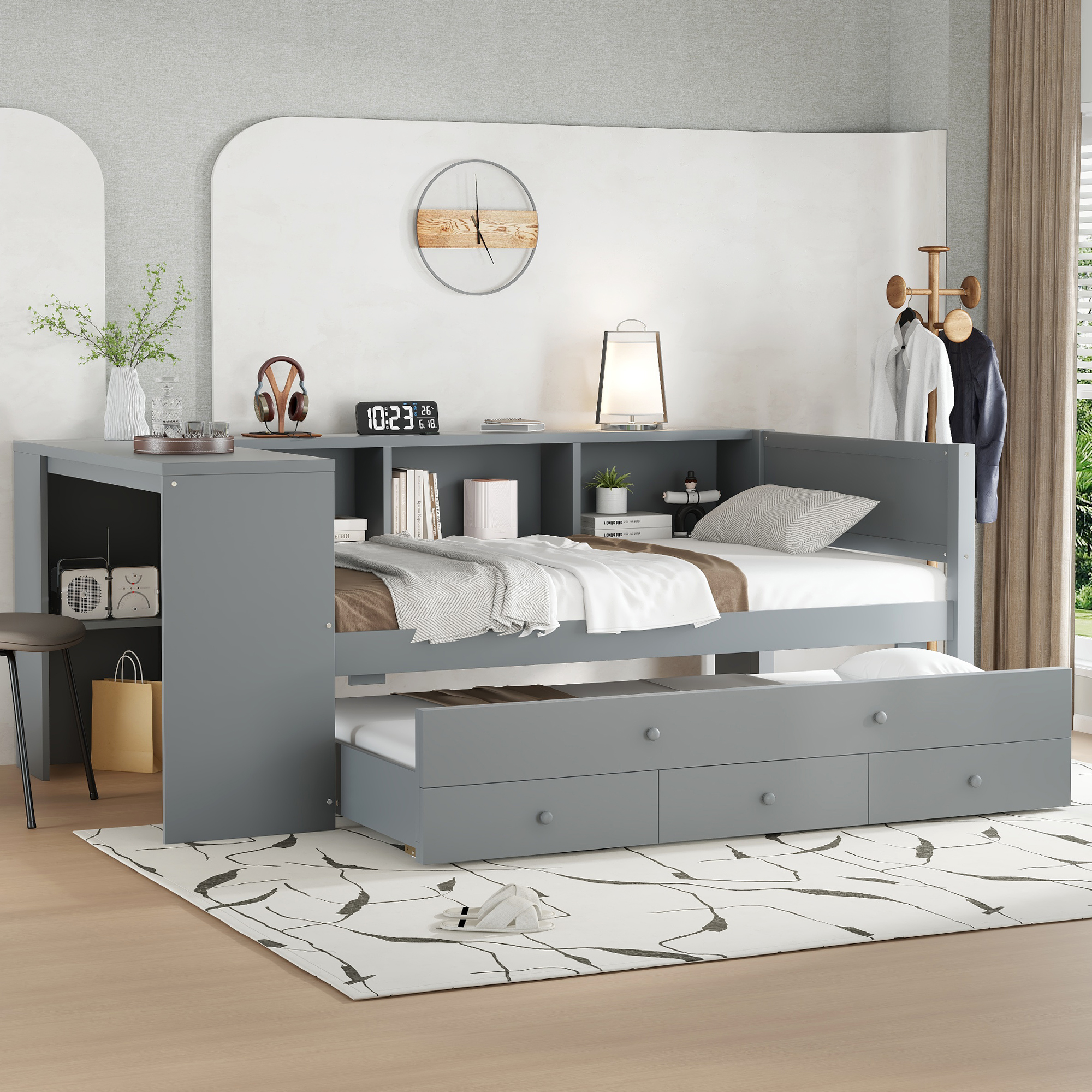 Twin Size Daybed with Trundle, Wood Day Bed Frame with Storage Drawers and Side Shelves, Daybed with Desk, No Spring Box Needed, Gray - Image 2