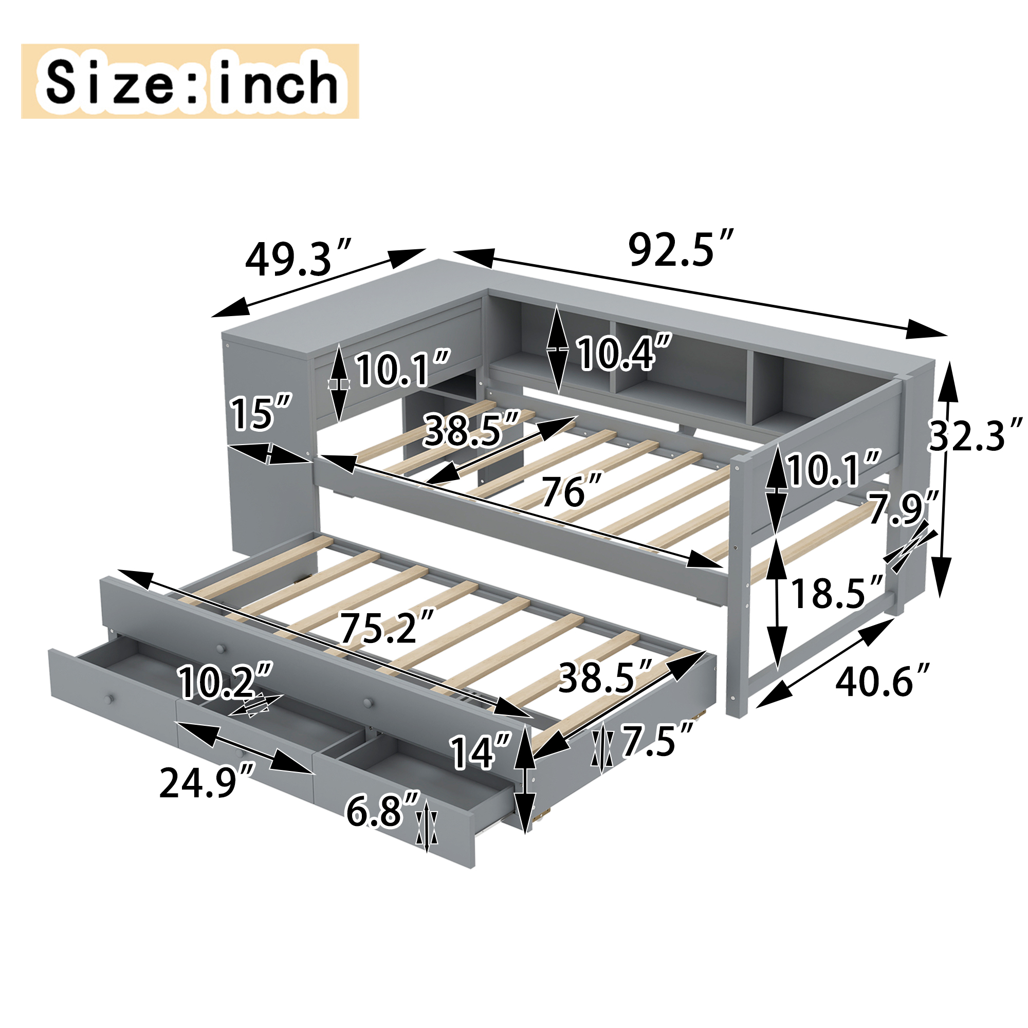 Twin Size Daybed with Trundle, Wood Day Bed Frame with Storage Drawers and Side Shelves, Daybed with Desk, No Spring Box Needed, Gray - Image 4