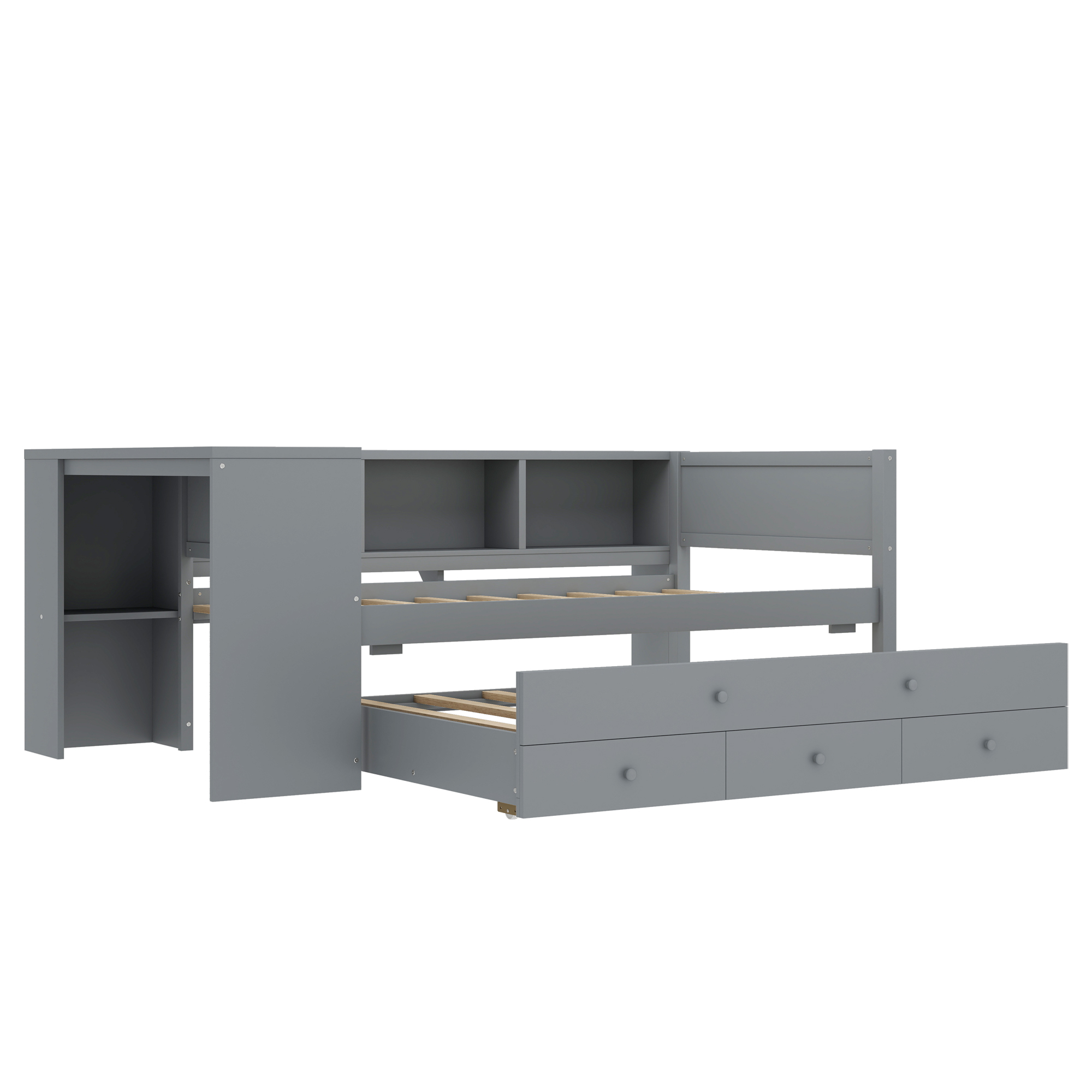 Twin Size Daybed with Trundle, Wood Day Bed Frame with Storage Drawers and Side Shelves, Daybed with Desk, No Spring Box Needed, Gray - Image 5