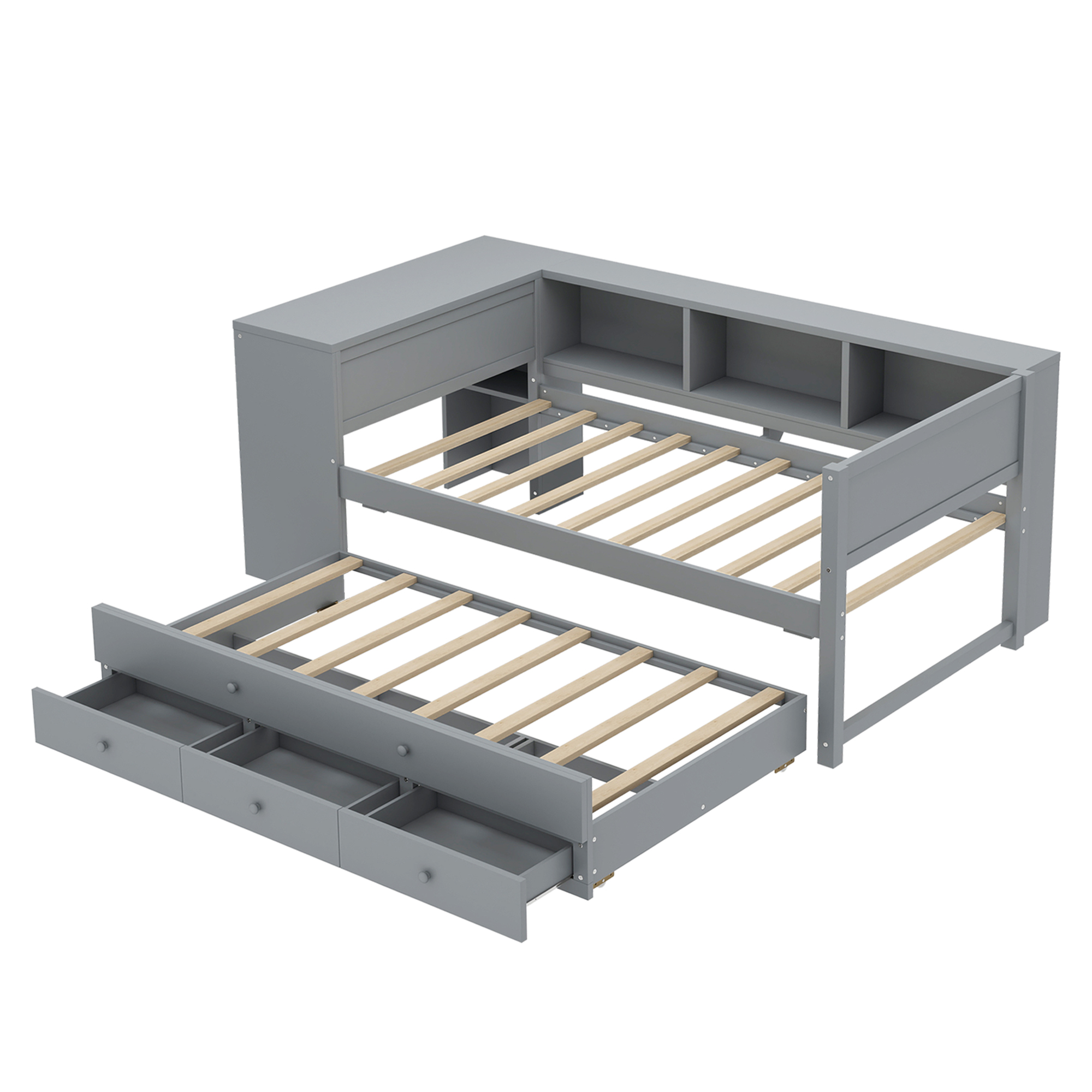 Twin Size Daybed with Trundle, Wood Day Bed Frame with Storage Drawers and Side Shelves, Daybed with Desk, No Spring Box Needed, Gray - Image 6