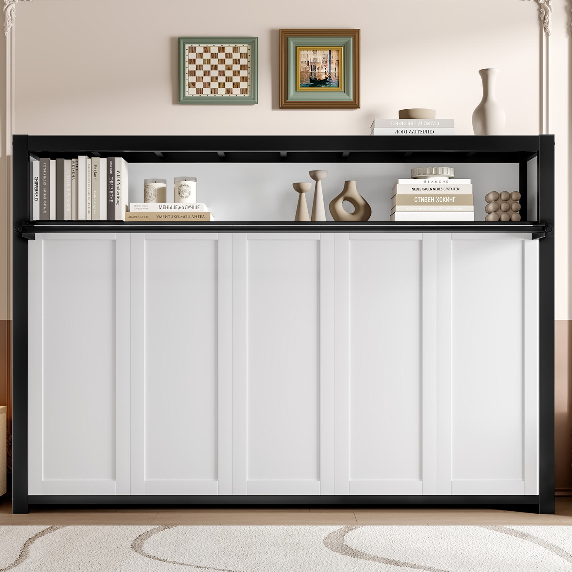Twin Size Murphy Bed with Shelves, Metal Wall Bed with Foldable and Space-saving Design, White - Image 2