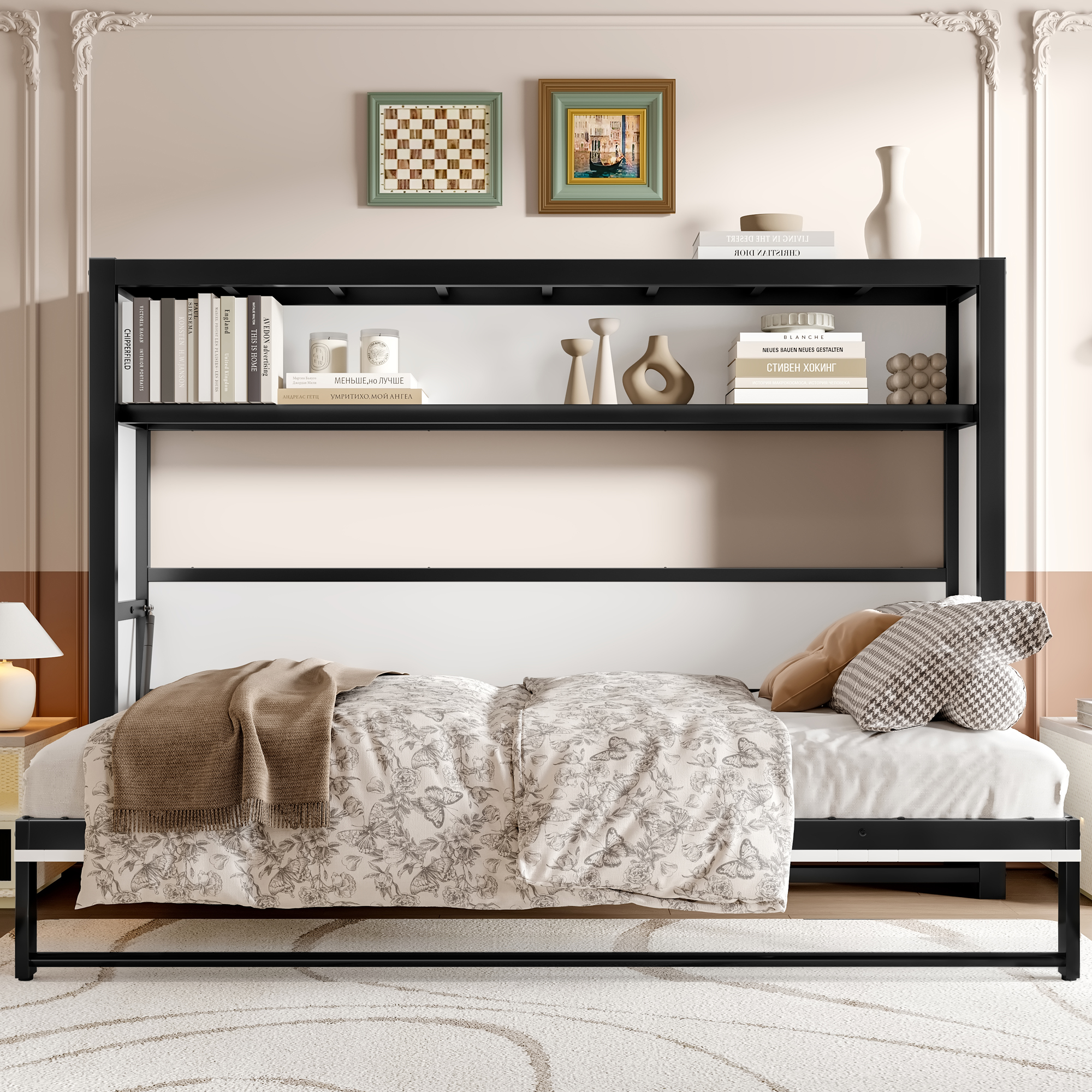 Twin Size Murphy Bed with Shelves, Metal Wall Bed with Foldable and Space-saving Design, White - Image 3