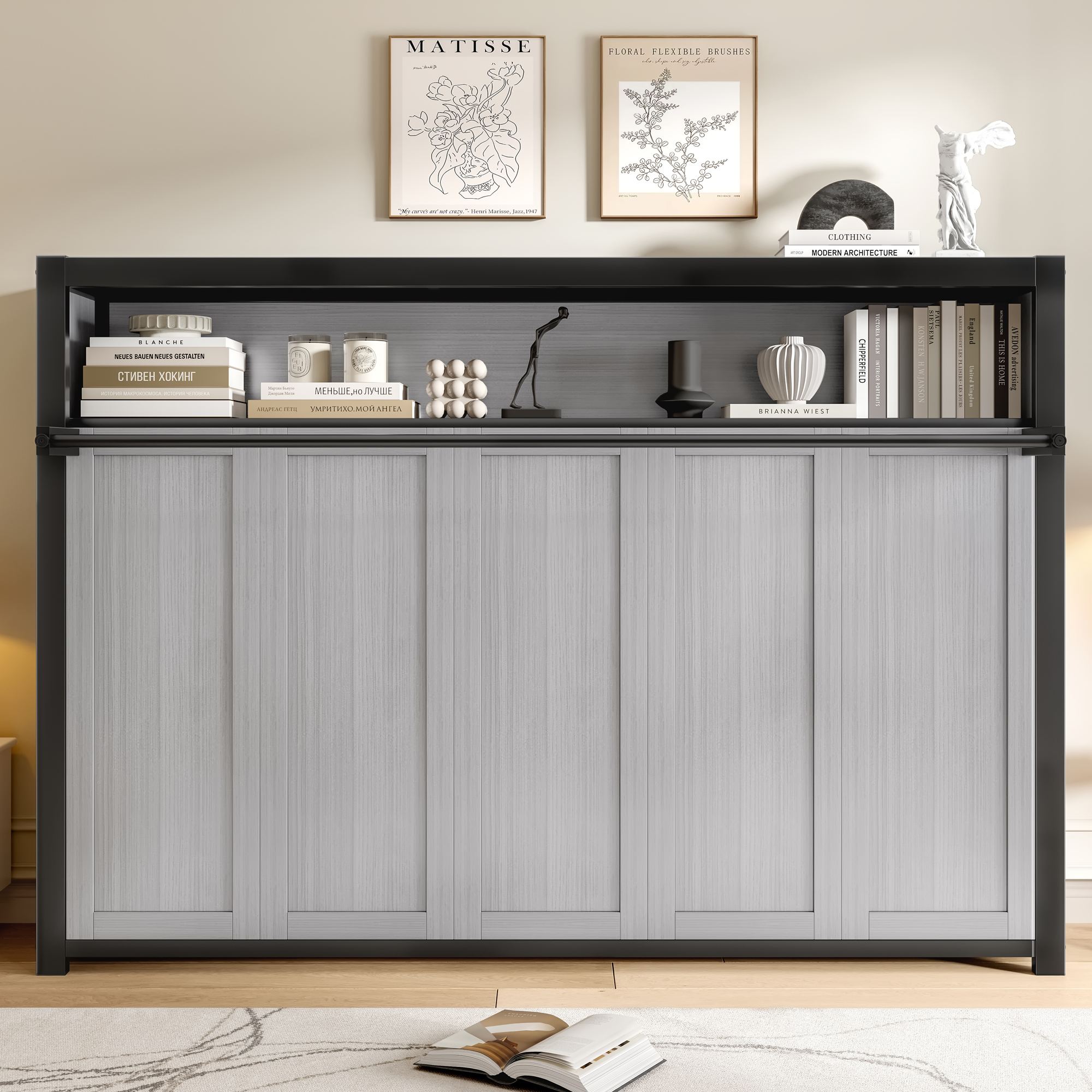 Twin Size Murphy Bed with Shelves, Metal Wall Bed with Foldable and Space-saving Design, Gray - Image 2