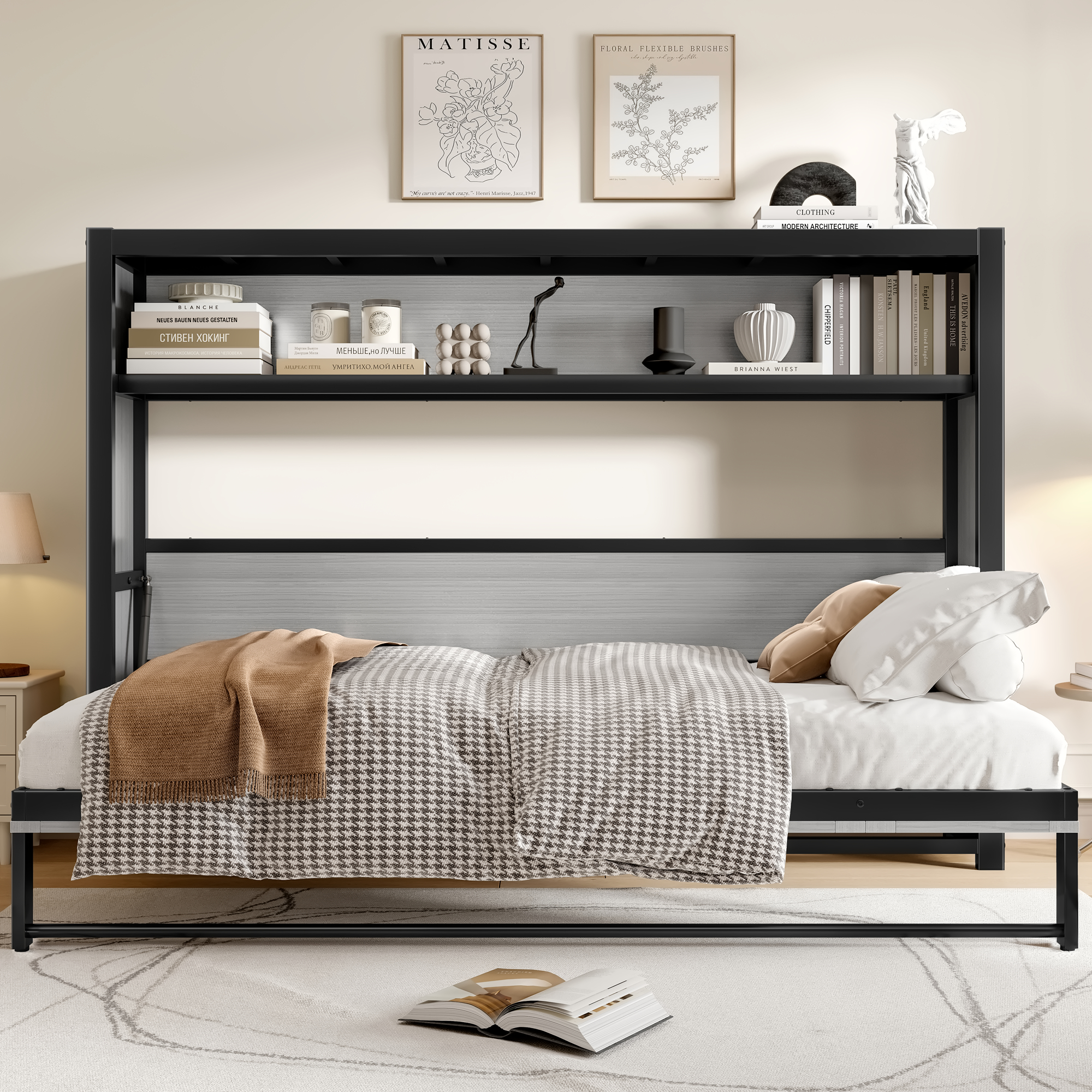 Twin Size Murphy Bed with Shelves, Metal Wall Bed with Foldable and Space-saving Design, Gray - Image 3