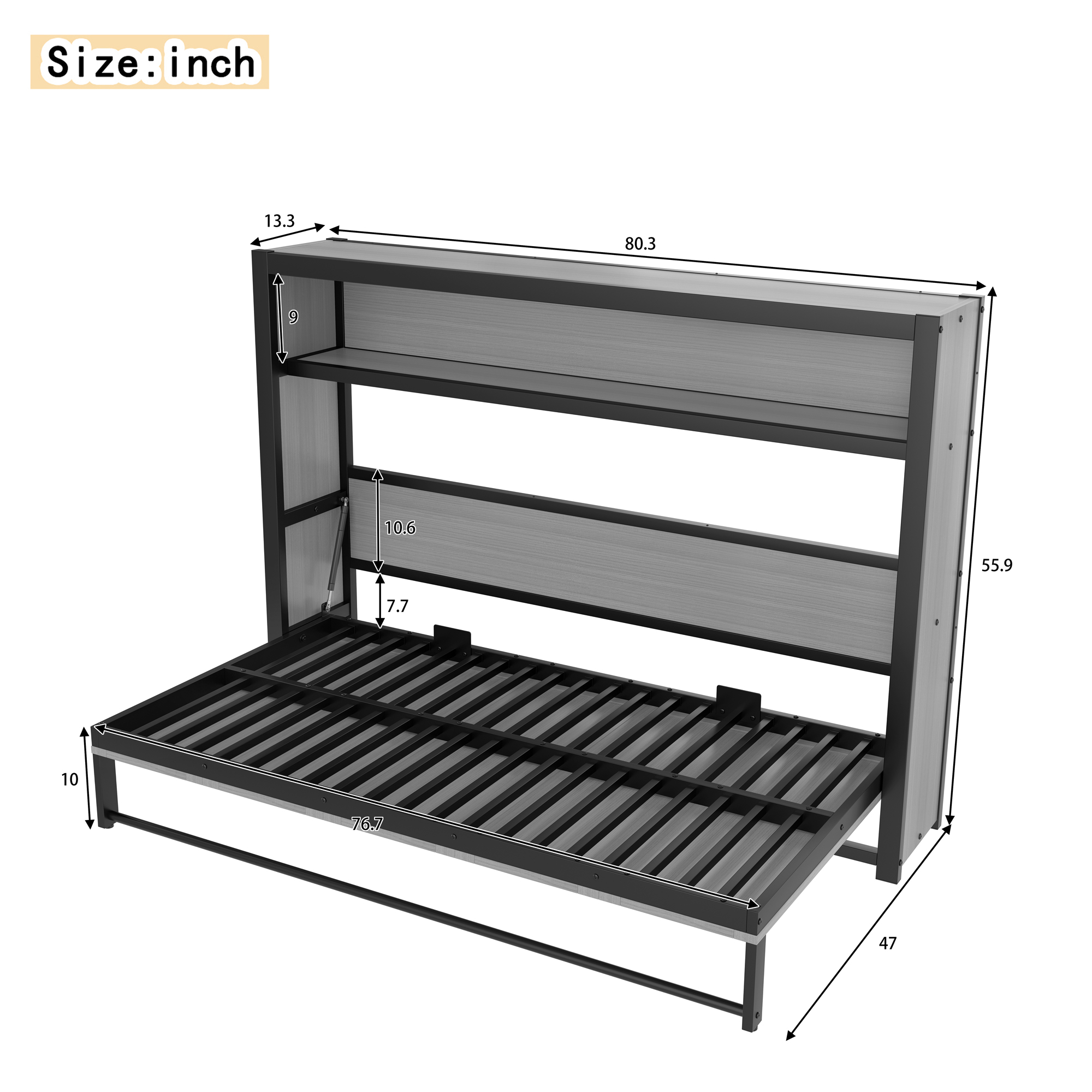 Twin Size Murphy Bed with Shelves, Metal Wall Bed with Foldable and Space-saving Design, Gray - Image 4