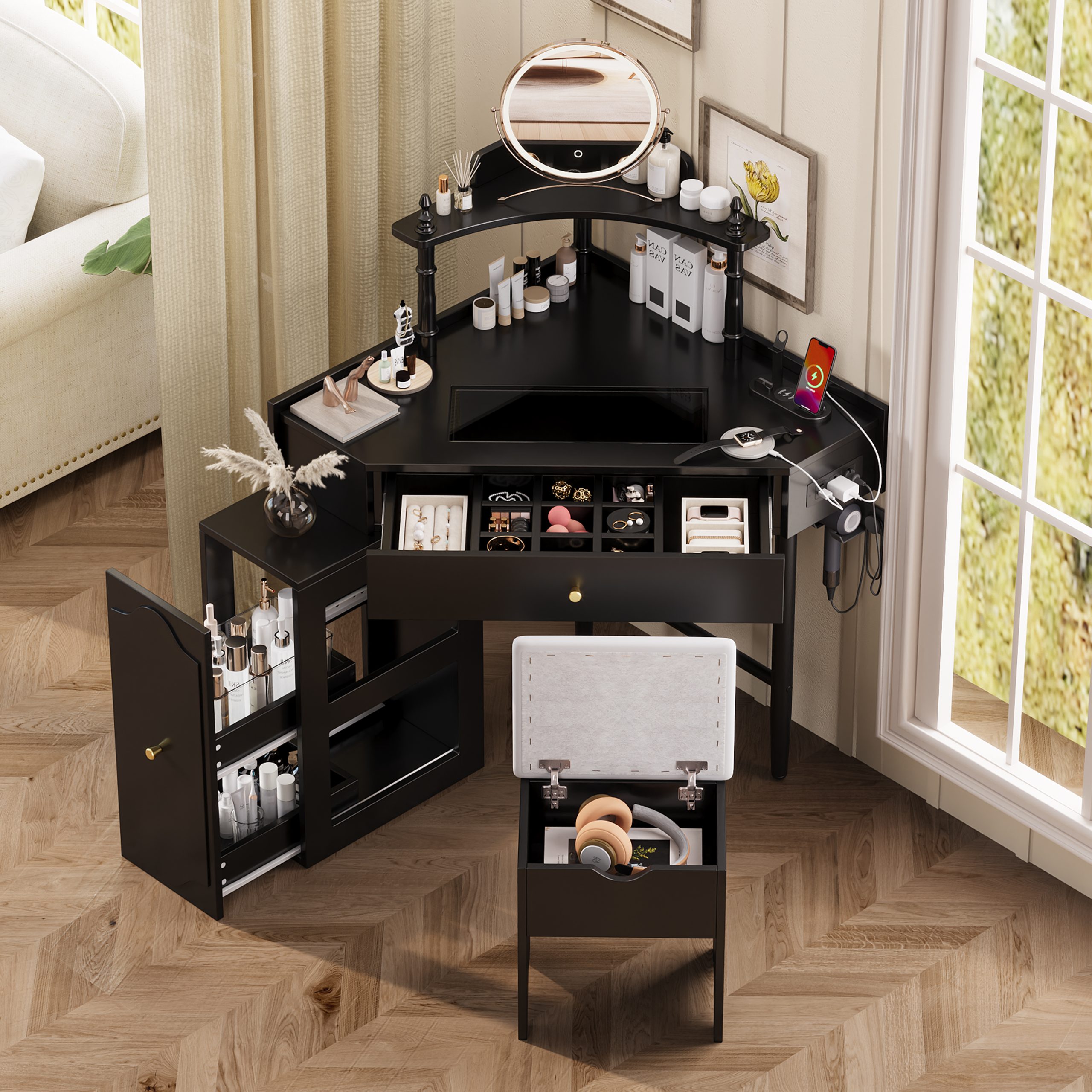 Corner Vanity Desk Set with Storage Cushioned Stool and Charging Station, Triangle Makeup Desk with Removable Pull-Out Side Cabinet, Glass Tabletop Makeup Vanity Desk with Drawer and Shelf, Black - Image 2