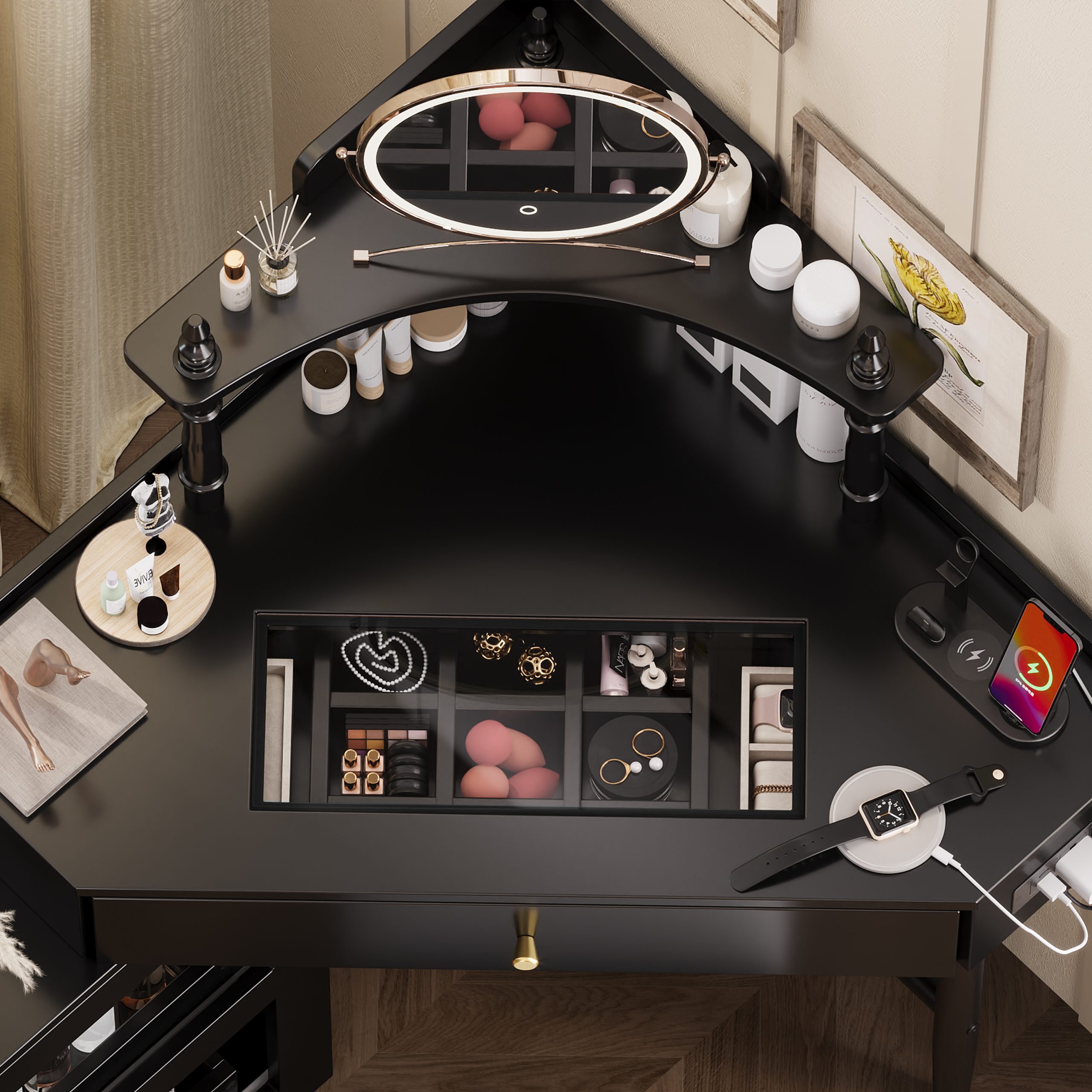 Corner Vanity Desk Set with Storage Cushioned Stool and Charging Station, Triangle Makeup Desk with Removable Pull-Out Side Cabinet, Glass Tabletop Makeup Vanity Desk with Drawer and Shelf, Black - Image 3