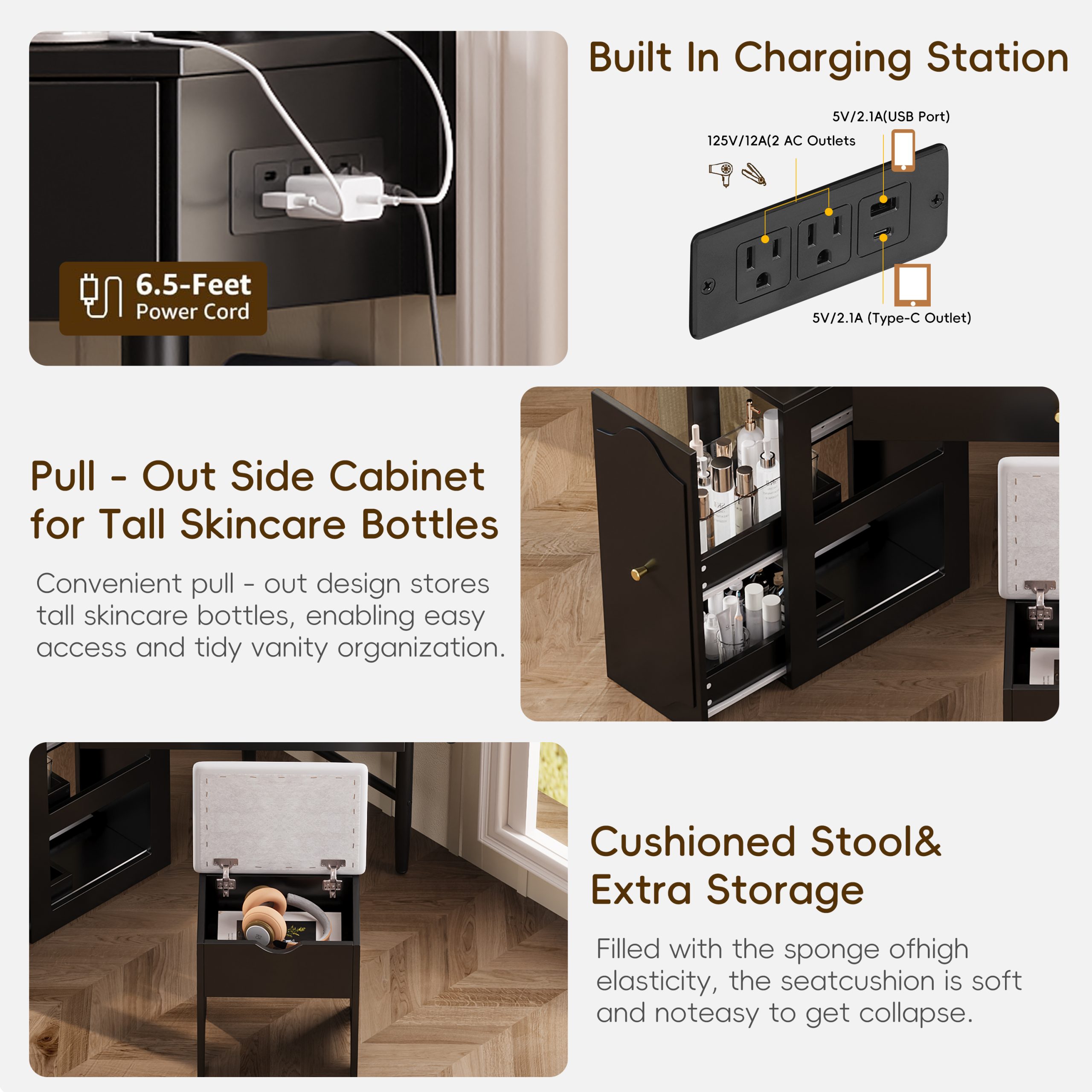 Corner Vanity Desk Set with Storage Cushioned Stool and Charging Station, Triangle Makeup Desk with Removable Pull-Out Side Cabinet, Glass Tabletop Makeup Vanity Desk with Drawer and Shelf, Black - Image 4