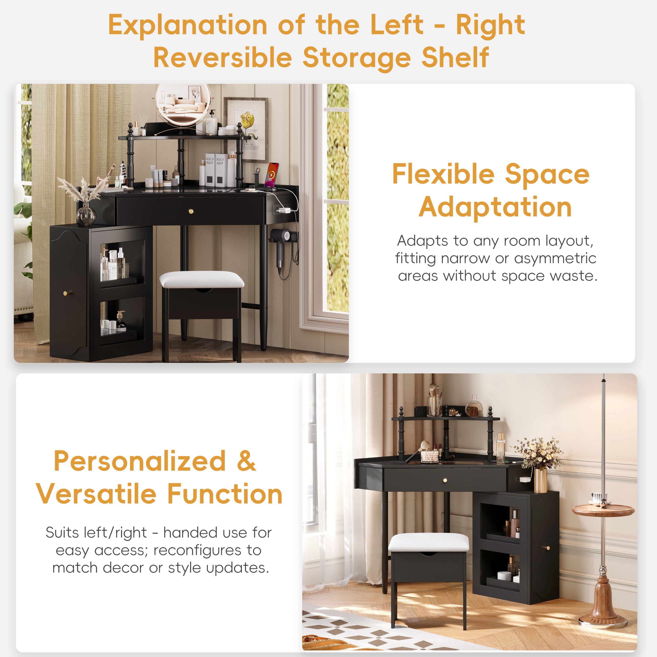 Corner Vanity Desk Set with Storage Cushioned Stool and Charging Station, Triangle Makeup Desk with Removable Pull-Out Side Cabinet, Glass Tabletop Makeup Vanity Desk with Drawer and Shelf, Black - Image 5