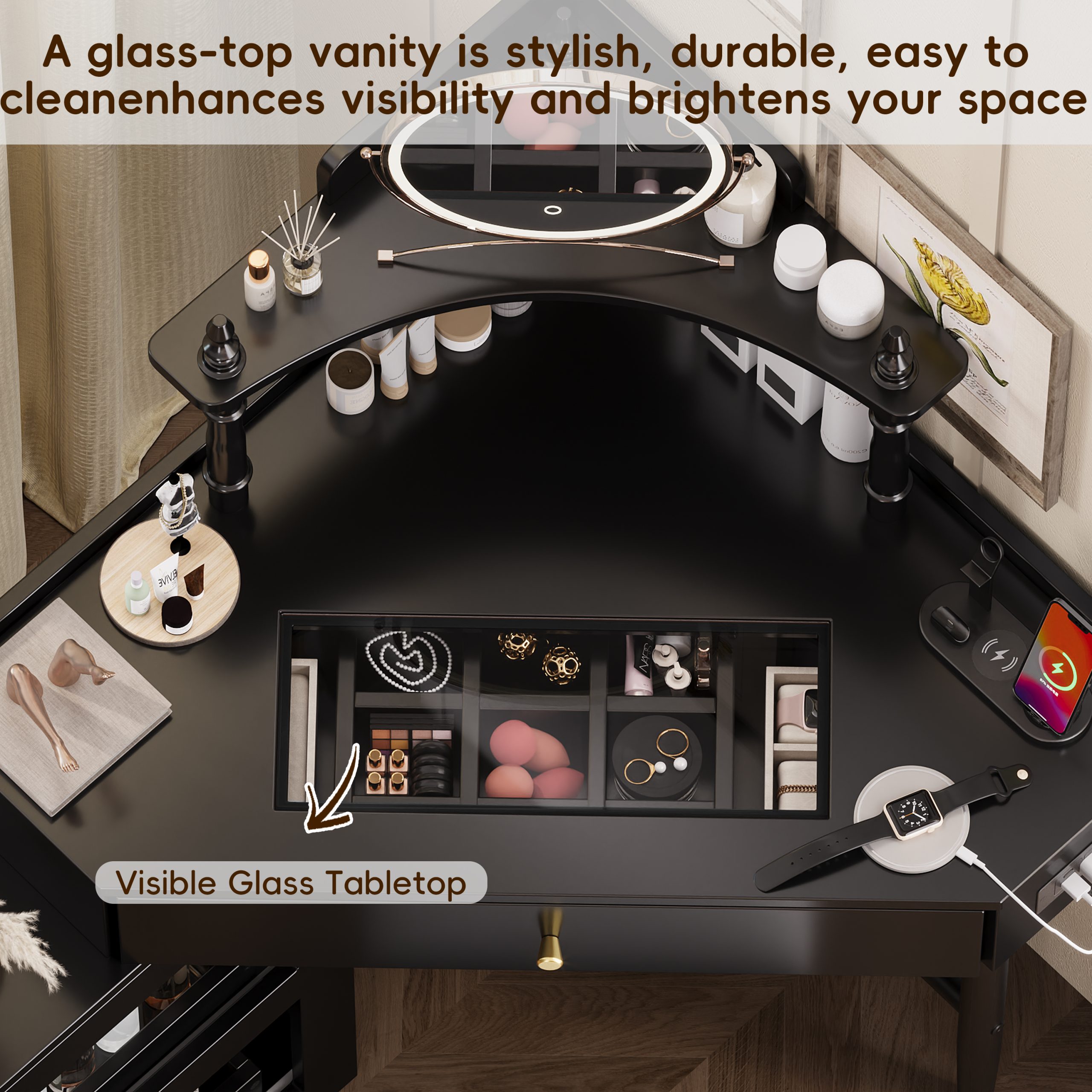 Corner Vanity Desk Set with Storage Cushioned Stool and Charging Station, Triangle Makeup Desk with Removable Pull-Out Side Cabinet, Glass Tabletop Makeup Vanity Desk with Drawer and Shelf, Black - Image 6