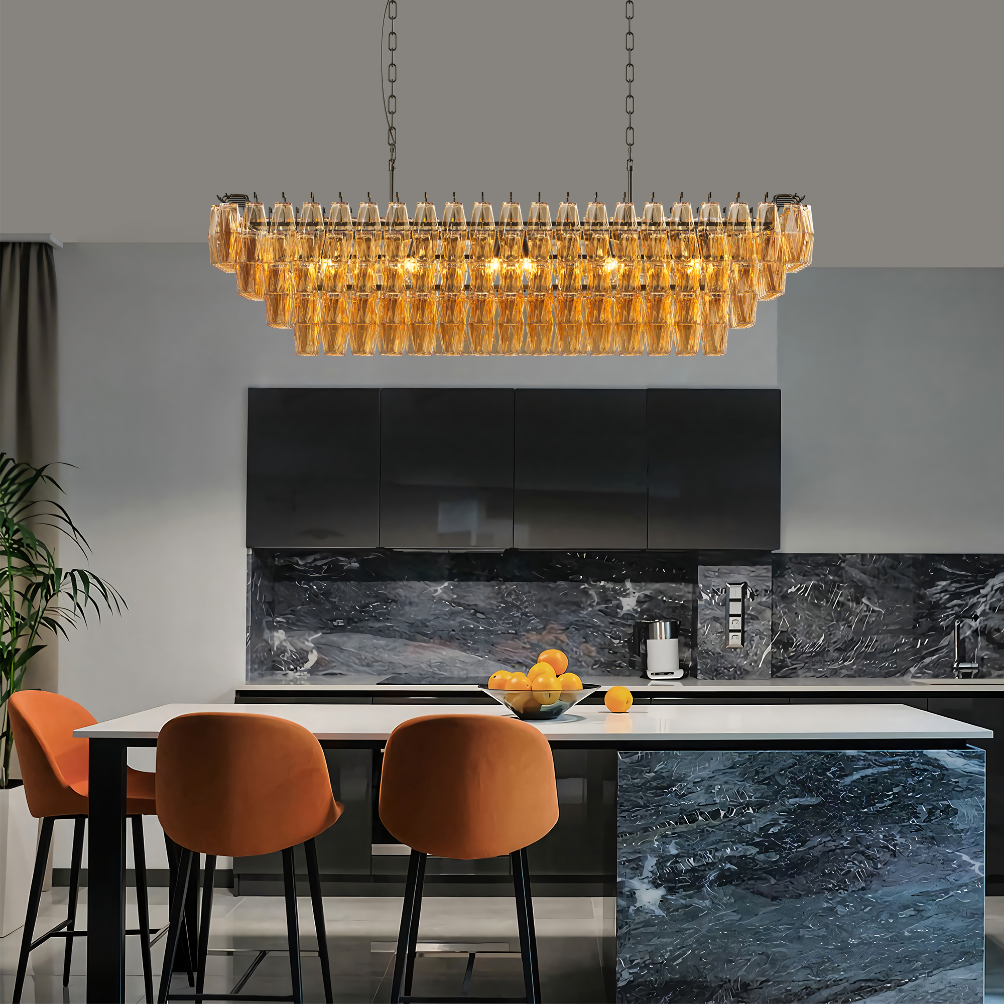 54" Black Rectangular Chandeliers for Dining Room, 12-Light 4 Tiered Large Smoke Glass Chandelier, Modern Kitchen Island Farmhouse Hanging Light Fixture for Living Room Foyer(Bulb not included) - Image 2