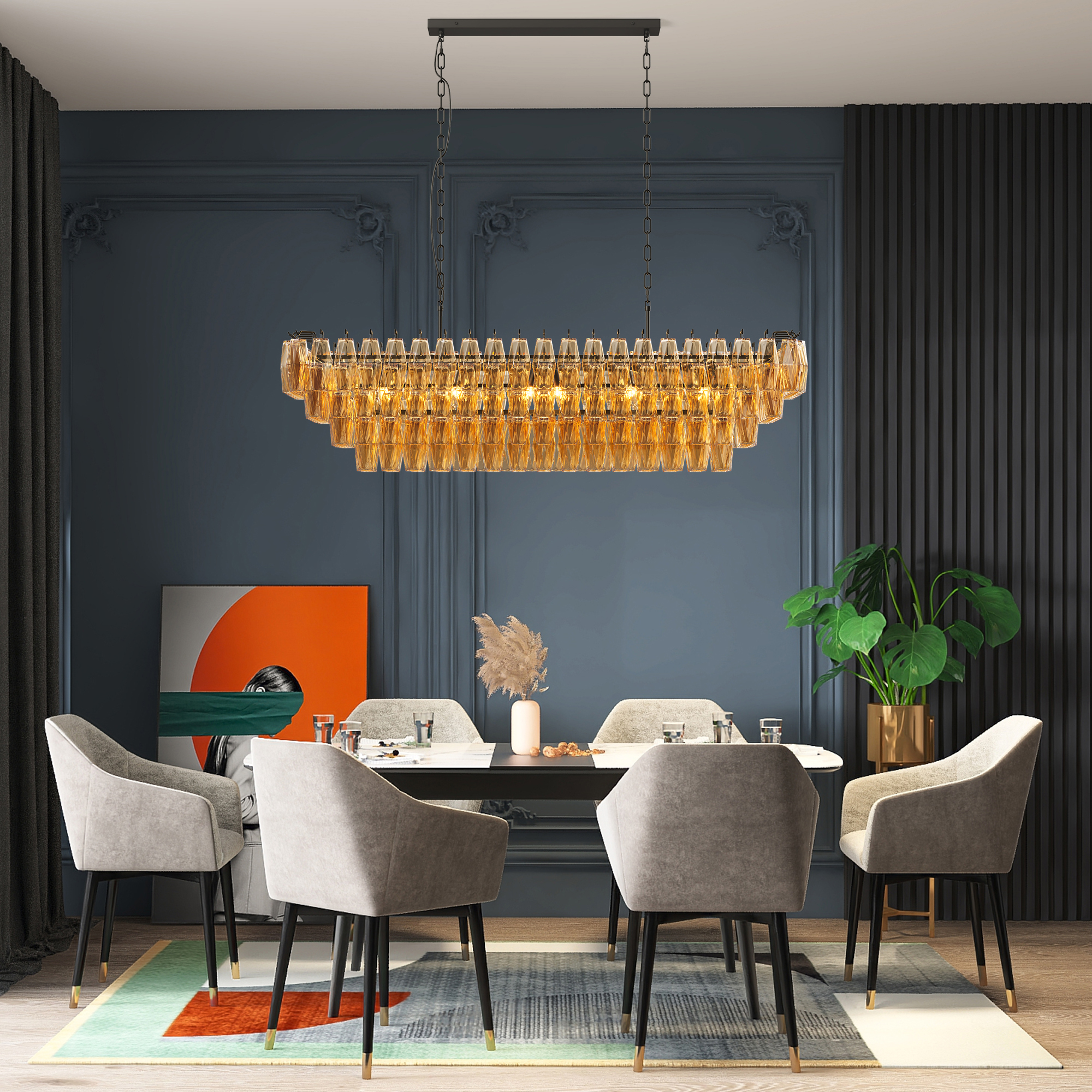 54" Black Rectangular Chandeliers for Dining Room, 12-Light 4 Tiered Large Smoke Glass Chandelier, Modern Kitchen Island Farmhouse Hanging Light Fixture for Living Room Foyer(Bulb not included) - Image 3