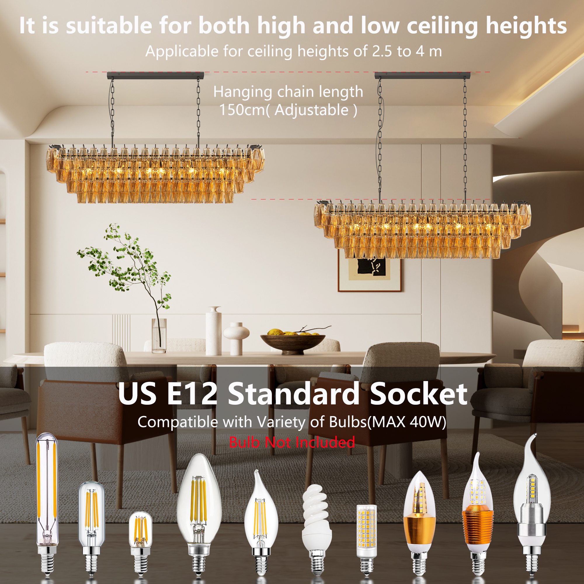 54" Black Rectangular Chandeliers for Dining Room, 12-Light 4 Tiered Large Smoke Glass Chandelier, Modern Kitchen Island Farmhouse Hanging Light Fixture for Living Room Foyer(Bulb not included) - Image 4