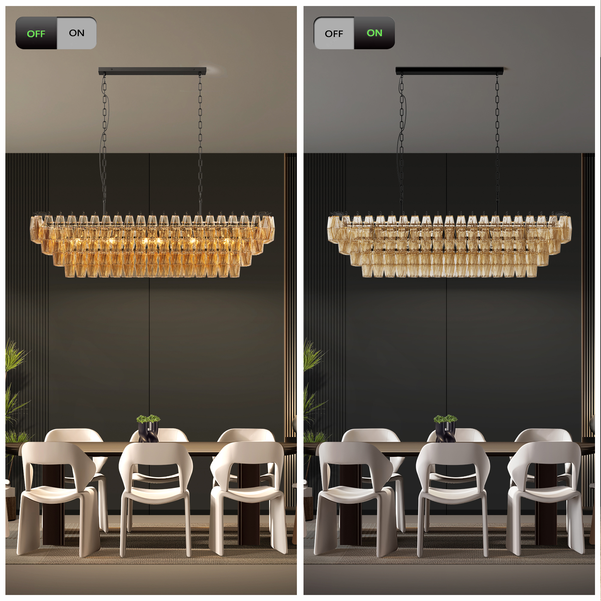54" Black Rectangular Chandeliers for Dining Room, 12-Light 4 Tiered Large Smoke Glass Chandelier, Modern Kitchen Island Farmhouse Hanging Light Fixture for Living Room Foyer(Bulb not included) - Image 5
