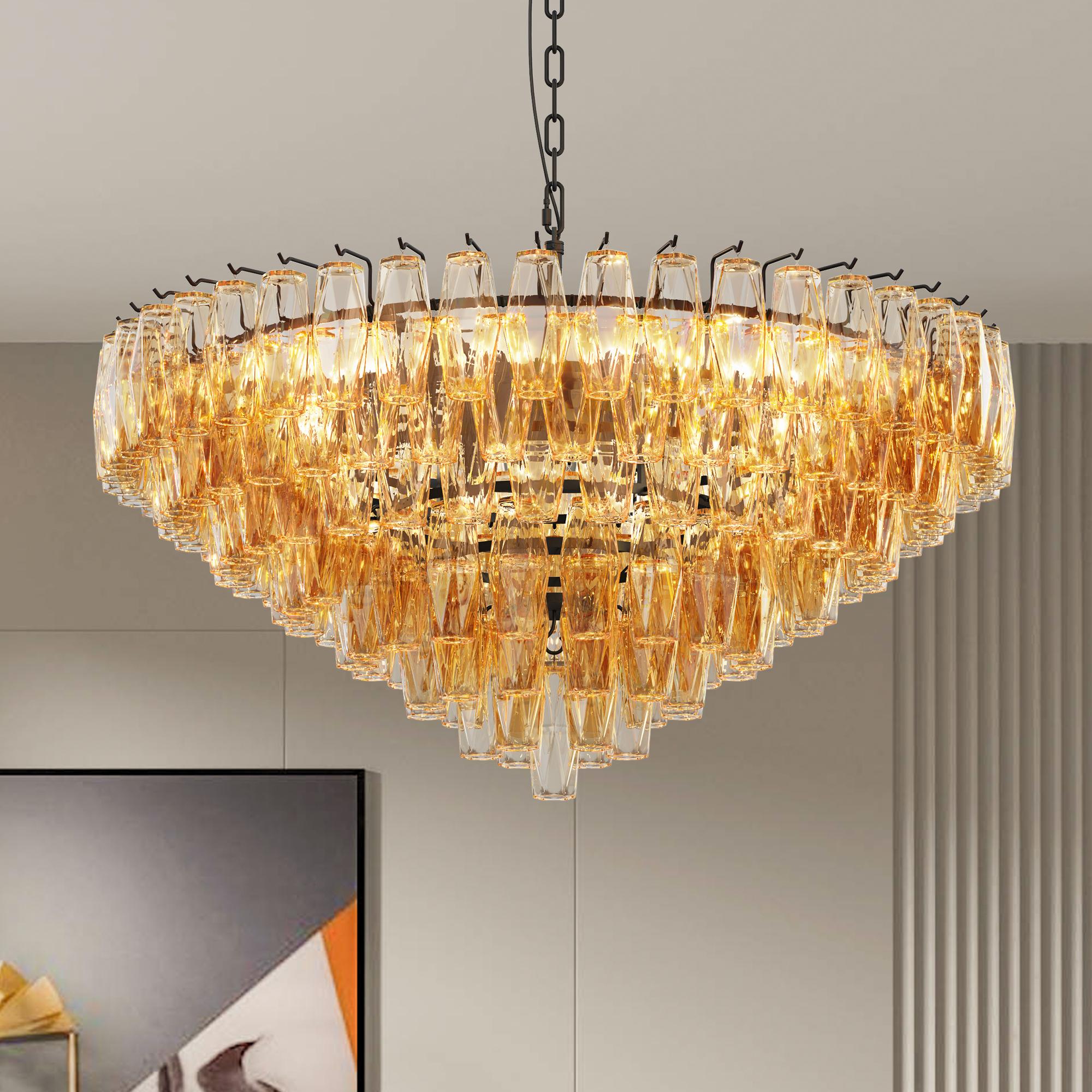 Modern Round Chandelier, 37" Extra Large Black Chandeliers for Dining Room, 14-Light with Tiered Smoke Glass Tubes Ceiling Light, Pendant Lighting Fixture for Living Room Bedroom Kitchen Island - Image 2