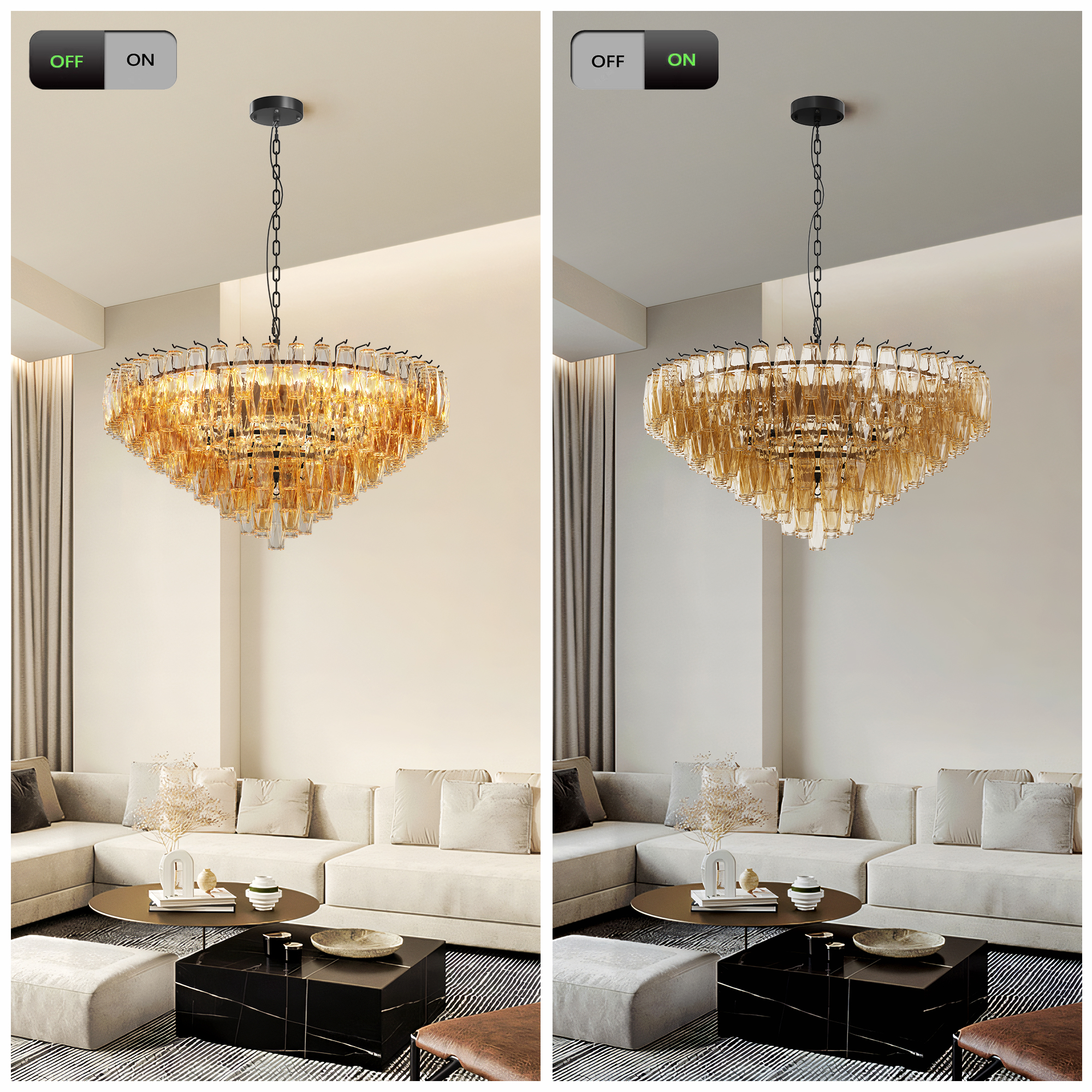 Modern Round Chandelier, 37" Extra Large Black Chandeliers for Dining Room, 14-Light with Tiered Smoke Glass Tubes Ceiling Light, Pendant Lighting Fixture for Living Room Bedroom Kitchen Island - Image 4