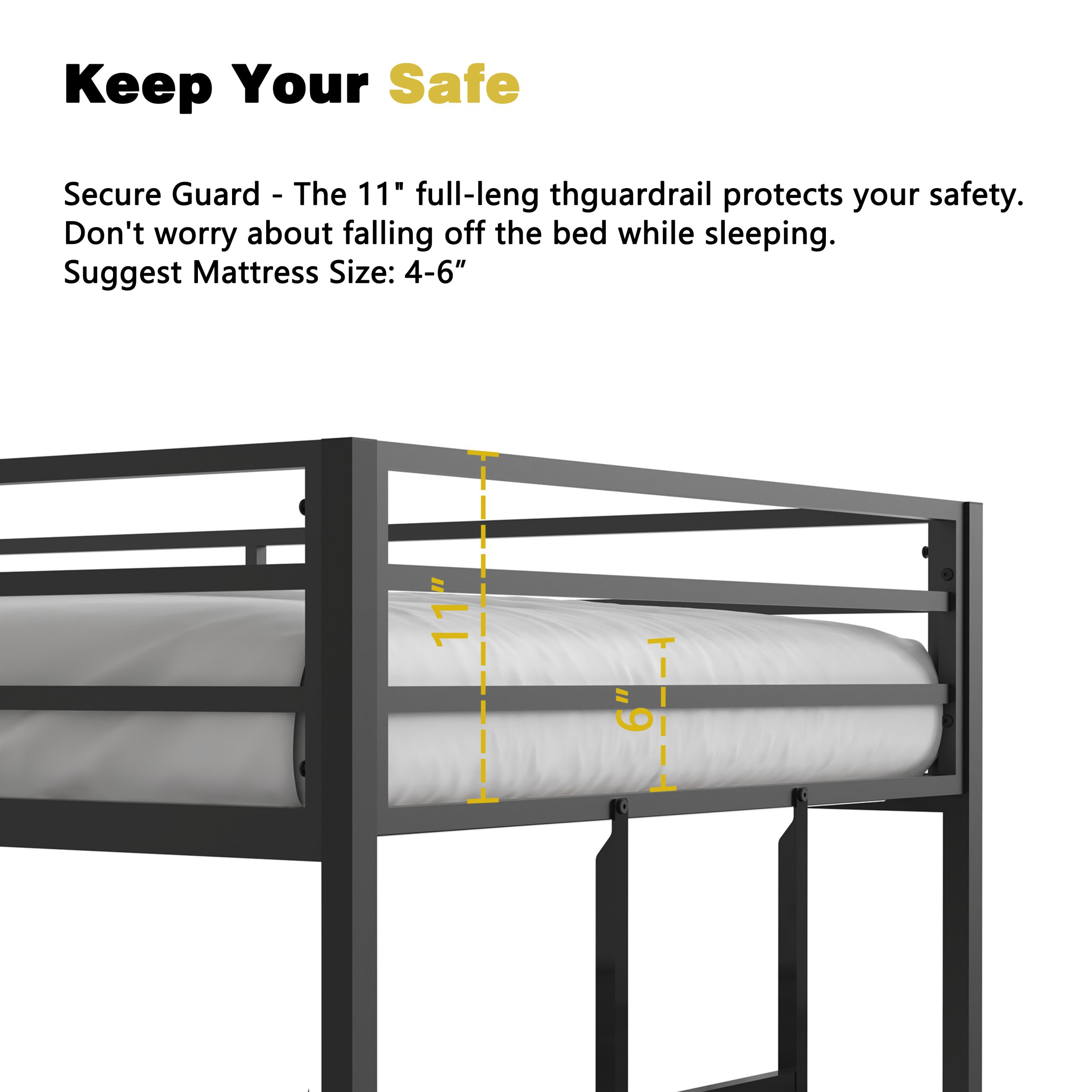 Adam Sturdy Twin Over Twin Bunk Bed Metal Black for Kids and Adult, Twin Over Twin Bunk Bed with Ladder and Guardrails, Easy Climbing, Beds for Bedroom - Image 6