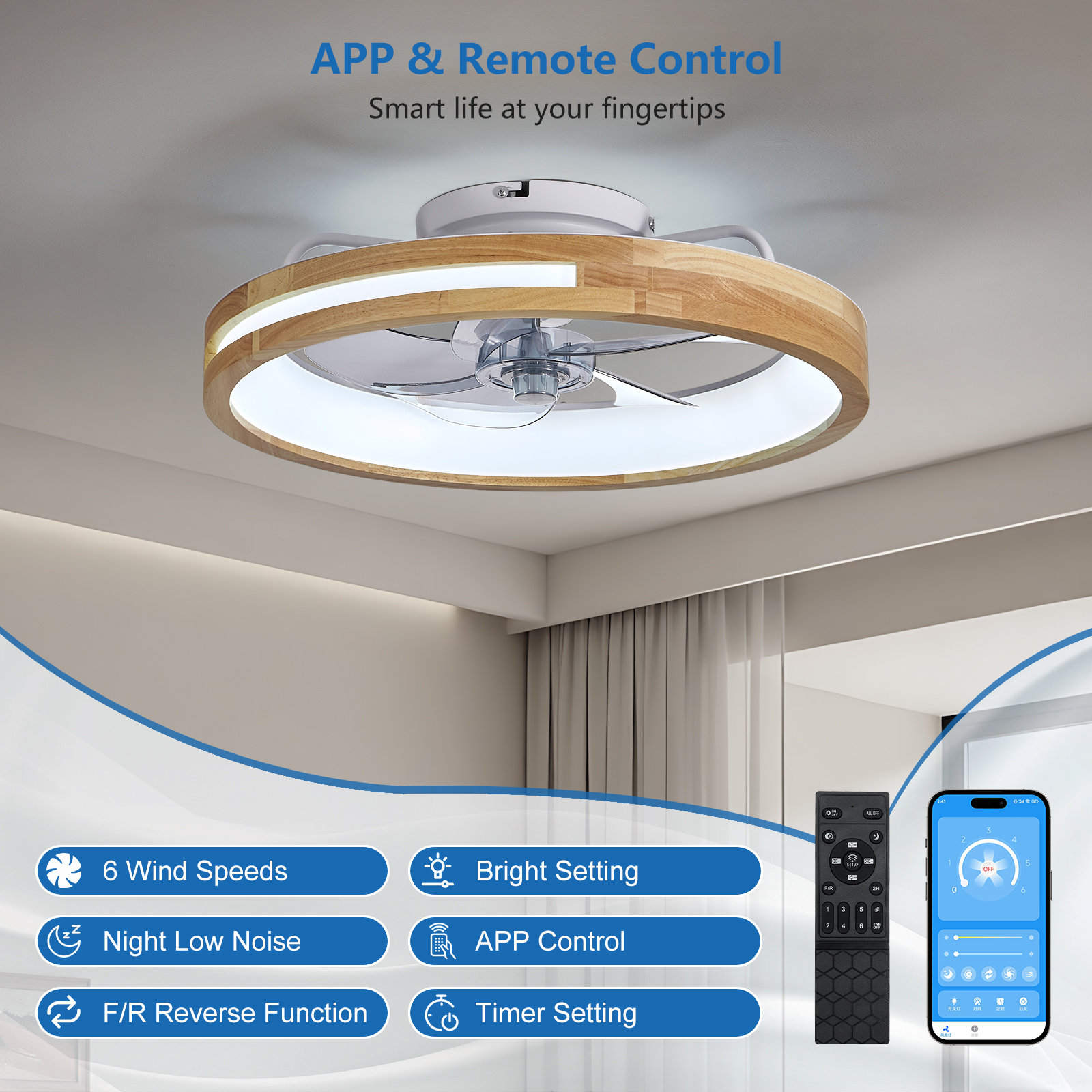 20 Inchs Ceiling Fans with Lights and Remote Low Profile Flush Mount Ceiling Fan with Light,3000-6000K LED Fan Lighting 6 Speed Reversible Quiet Wooden Small Fans and Light for Bedroom Kitchen - Image 2
