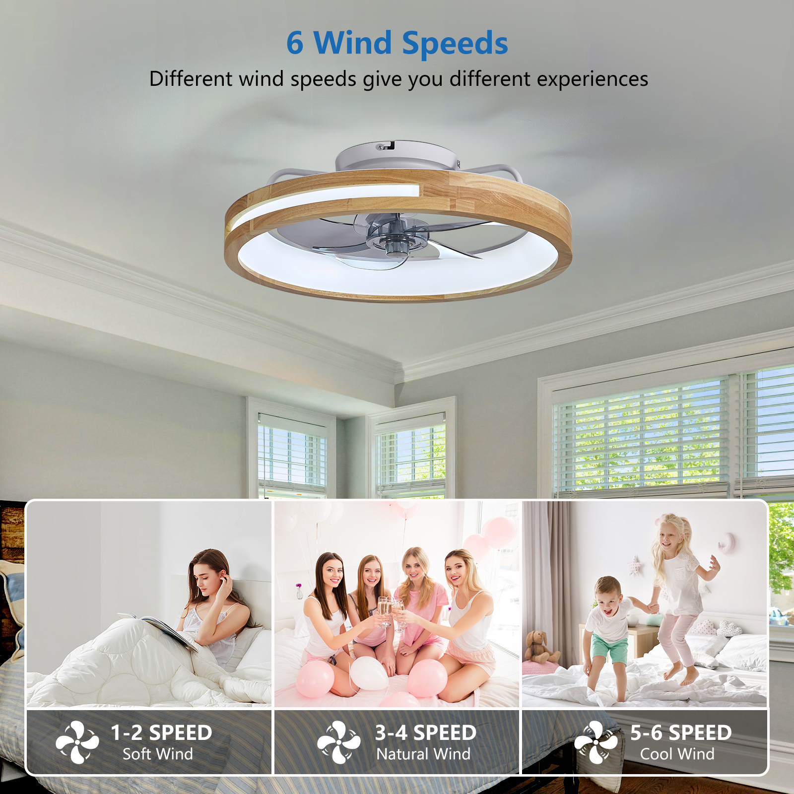 20 Inchs Ceiling Fans with Lights and Remote Low Profile Flush Mount Ceiling Fan with Light,3000-6000K LED Fan Lighting 6 Speed Reversible Quiet Wooden Small Fans and Light for Bedroom Kitchen - Image 6