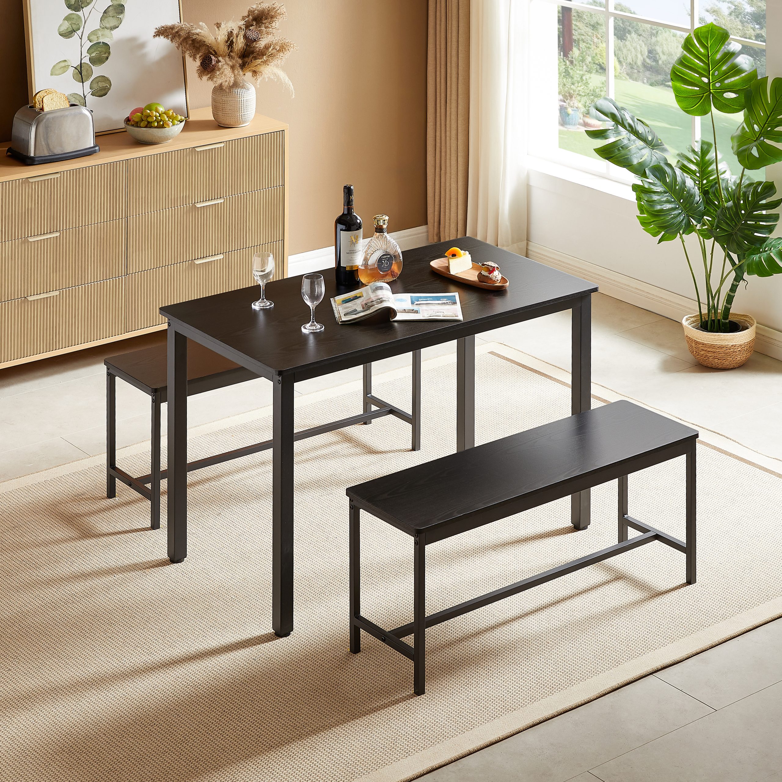 Dining Table Set, Bar Table with 2 Dining Benches, Kitchen Table Counter with Chairs, Industrial for Kitchen Breakfast Table, Living Room, Party Room, Black , 43.3″L x23.6″W x 29.9″H - Image 2