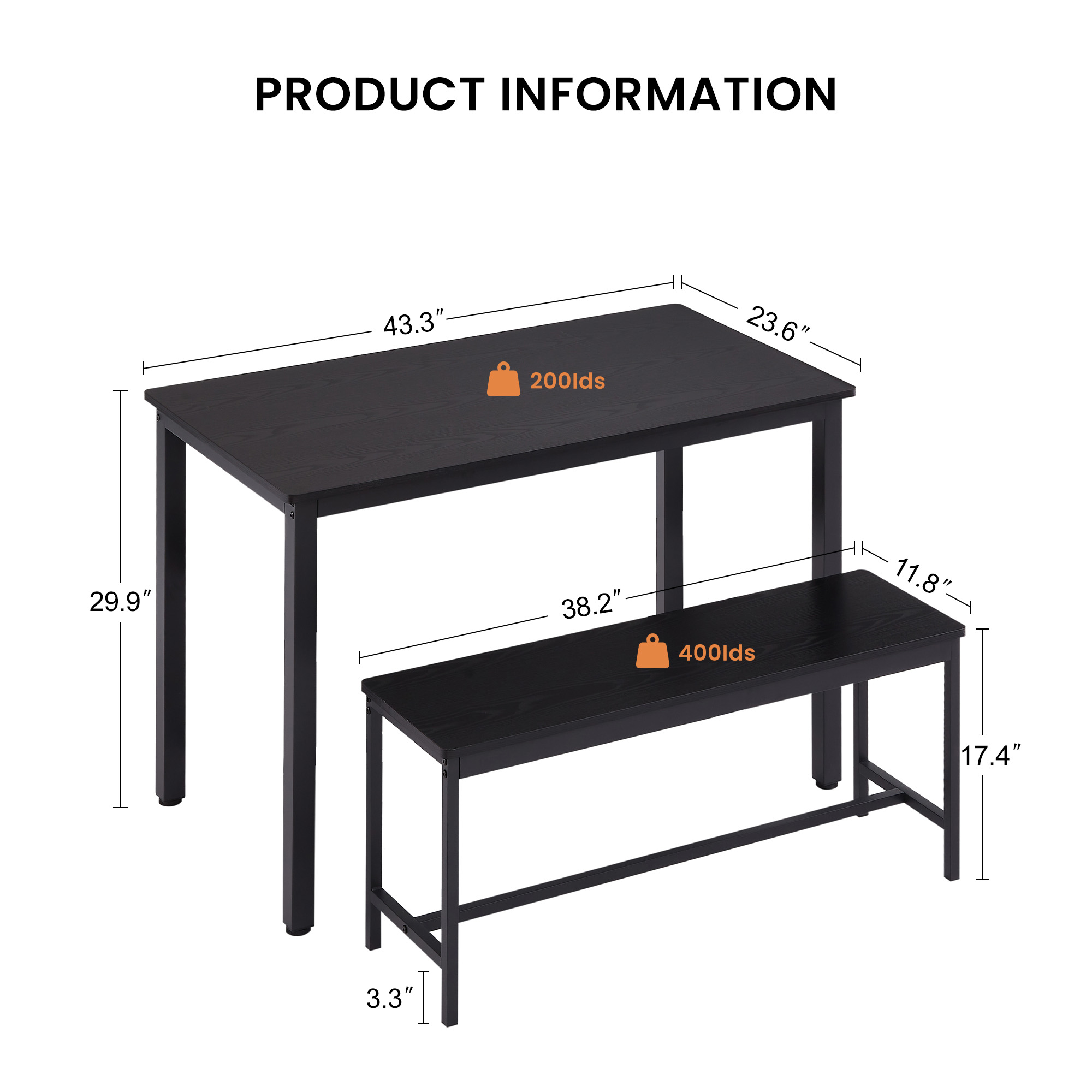 Dining Table Set, Bar Table with 2 Dining Benches, Kitchen Table Counter with Chairs, Industrial for Kitchen Breakfast Table, Living Room, Party Room, Black , 43.3″L x23.6″W x 29.9″H - Image 4
