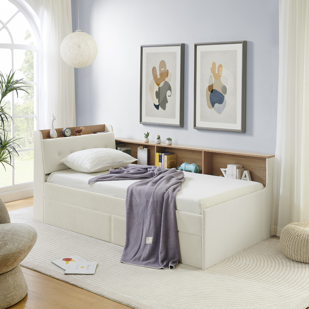 Twin Size Upholstery Velvet Day Bed with Storage Headboard and Wireless Charging, Multi-functional Daybed with Two Storage Drawers & LED Lights, Beige - Image 2