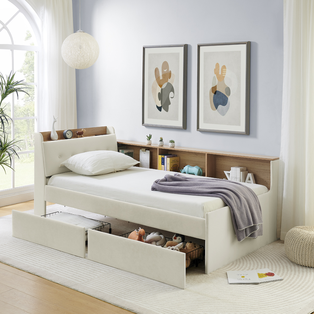 Twin Size Upholstery Velvet Day Bed with Storage Headboard and Wireless Charging, Multi-functional Daybed with Two Storage Drawers & LED Lights, Beige - Image 3