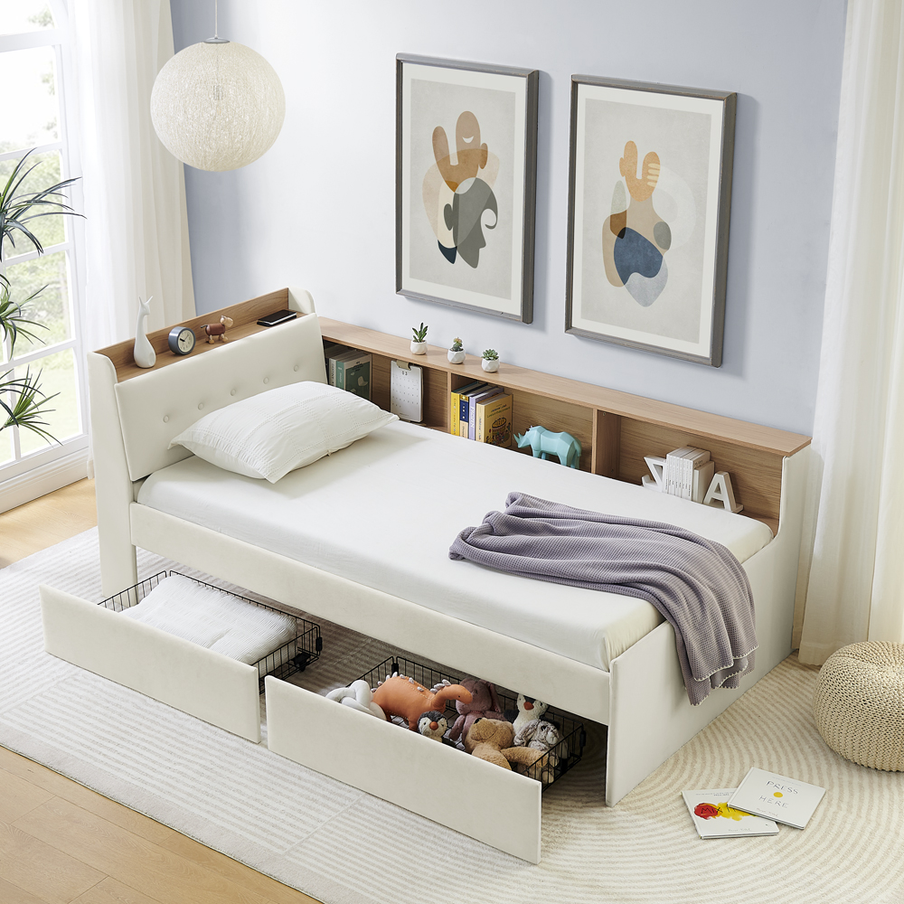 Twin Size Upholstery Velvet Day Bed with Storage Headboard and Wireless Charging, Multi-functional Daybed with Two Storage Drawers & LED Lights, Beige - Image 4