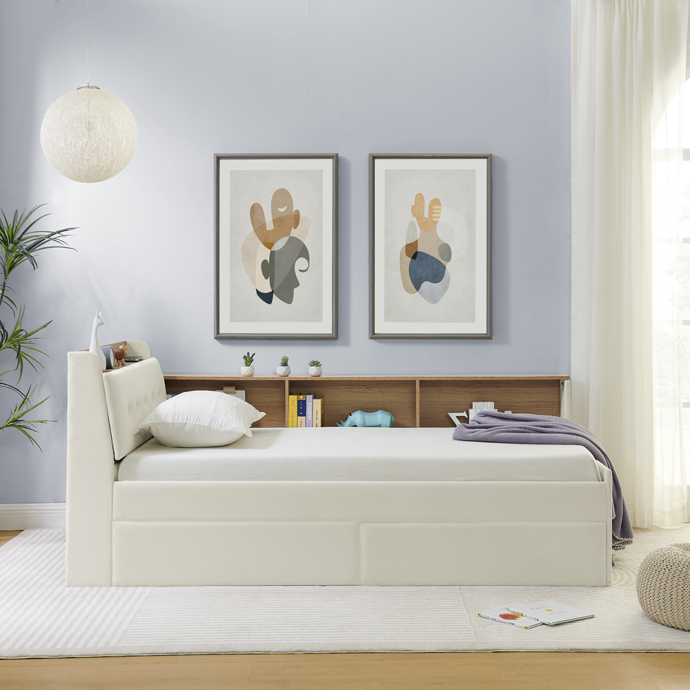Twin Size Upholstery Velvet Day Bed with Storage Headboard and Wireless Charging, Multi-functional Daybed with Two Storage Drawers & LED Lights, Beige - Image 5
