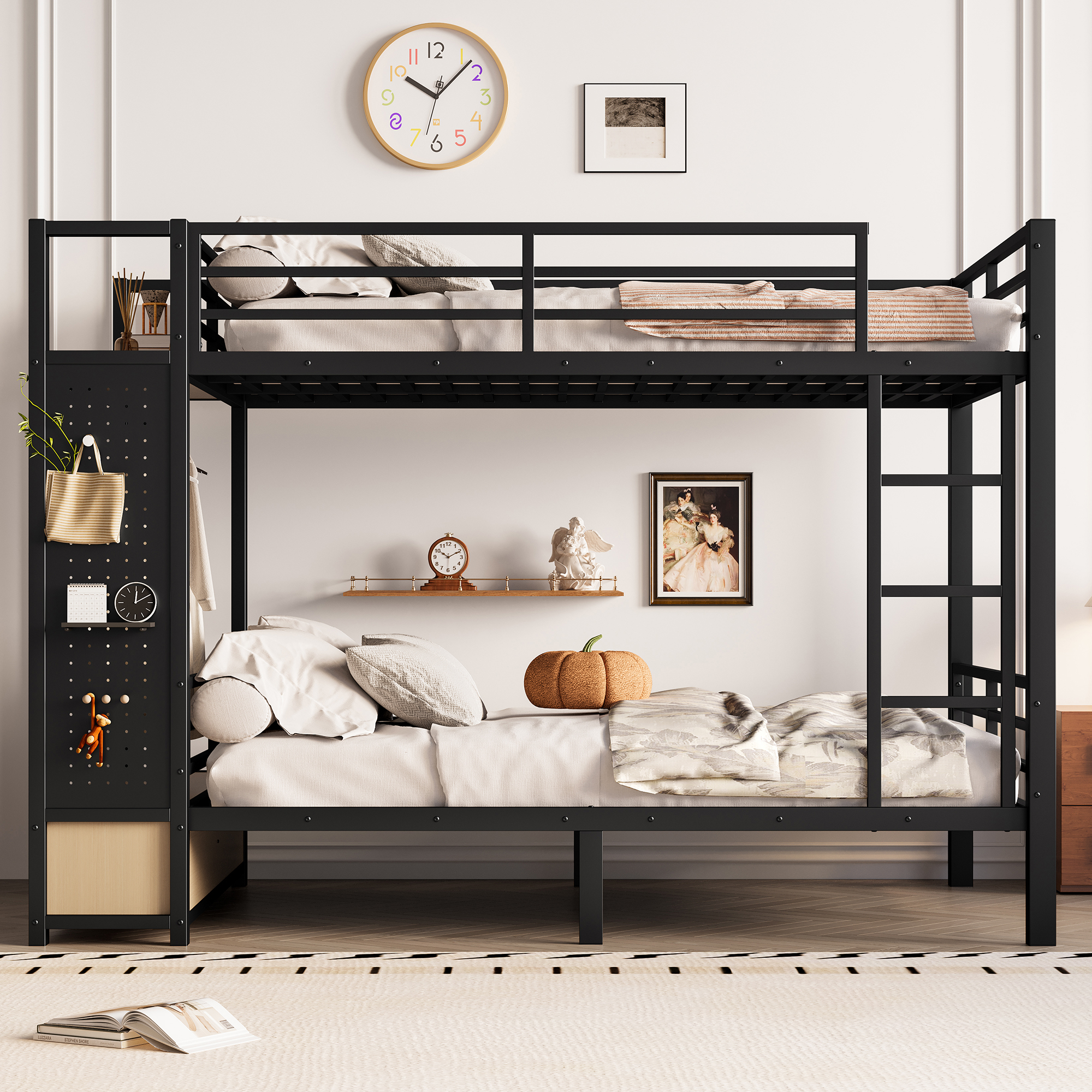 Full over Full size Metal Bunk Bed for Teens with Storage Shelves ,Drawers and Pegboard,Black - Image 2