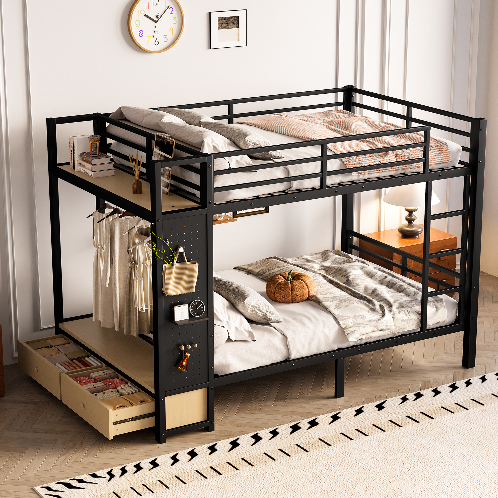 Full over Full size Metal Bunk Bed for Teens with Storage Shelves ,Drawers and Pegboard,Black - Image 3