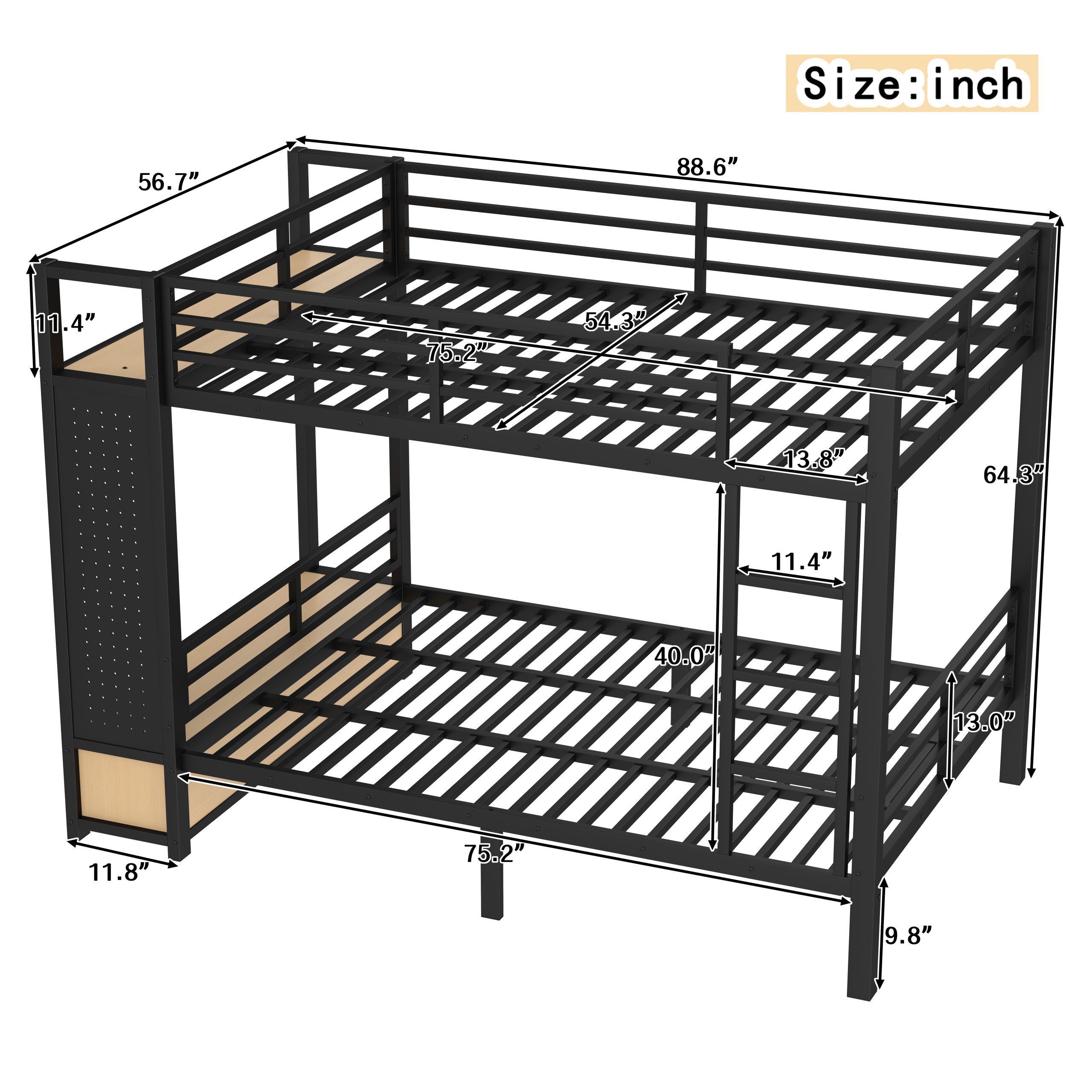 Full over Full size Metal Bunk Bed for Teens with Storage Shelves ,Drawers and Pegboard,Black - Image 4