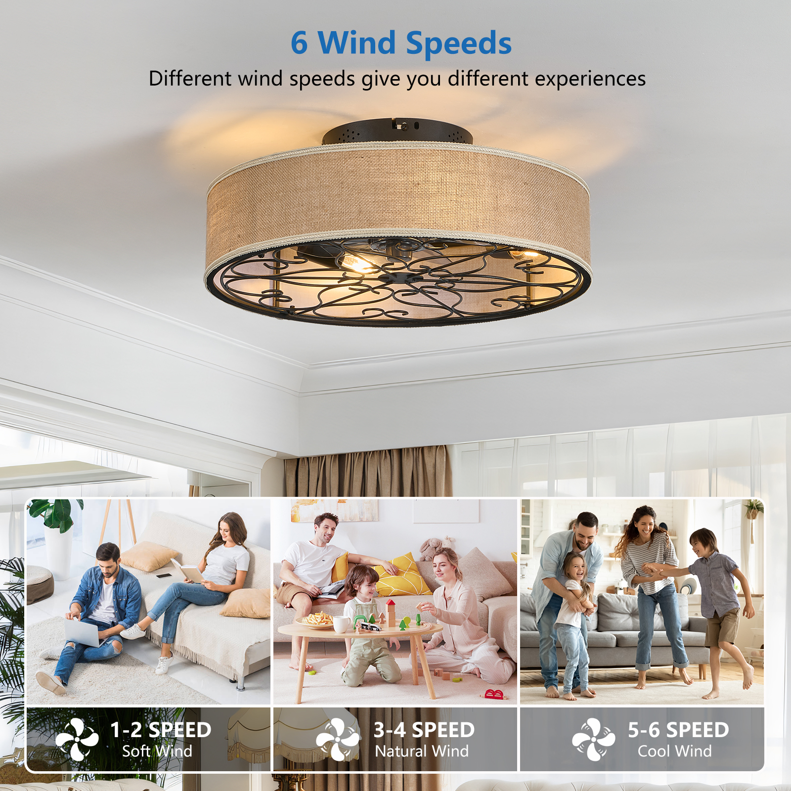 20 Inch Caged Ceiling Fans with Lights Flush Mount,Low Profile Fabric Farmhouse Bladeless Ceiling Fan with Remote, Farmhouse White Ceiling Fan for Bedroom,6 Speeds Reversible Silent Fandalier - Image 2