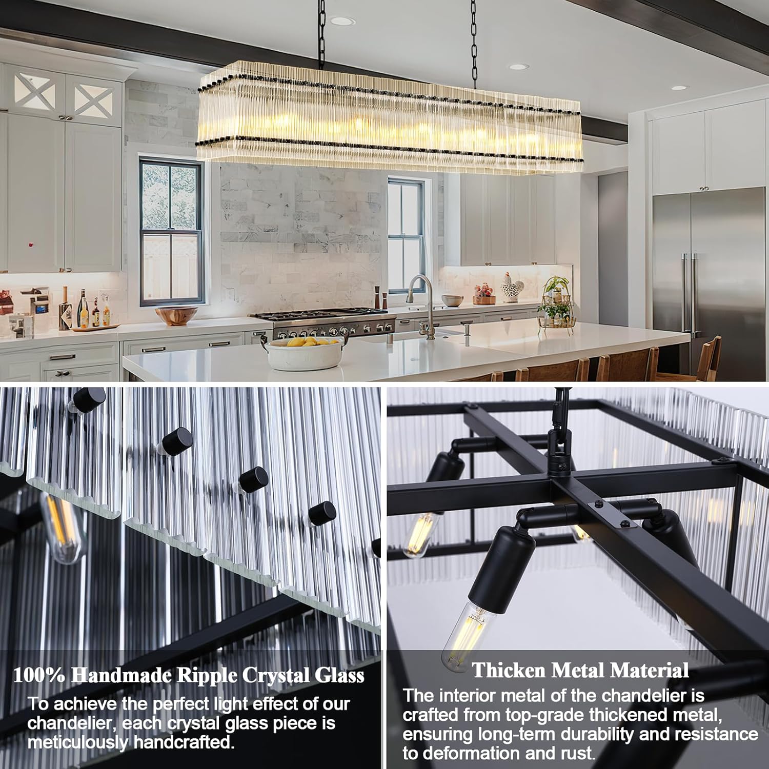 Modern Rectangular Crystal Glass Chandelier, 10-Lights Black Chandelier Lighting Contemporary Pendant Ceiling Light Fixture for Dining Room Living Room Kitchen Island - Image 2