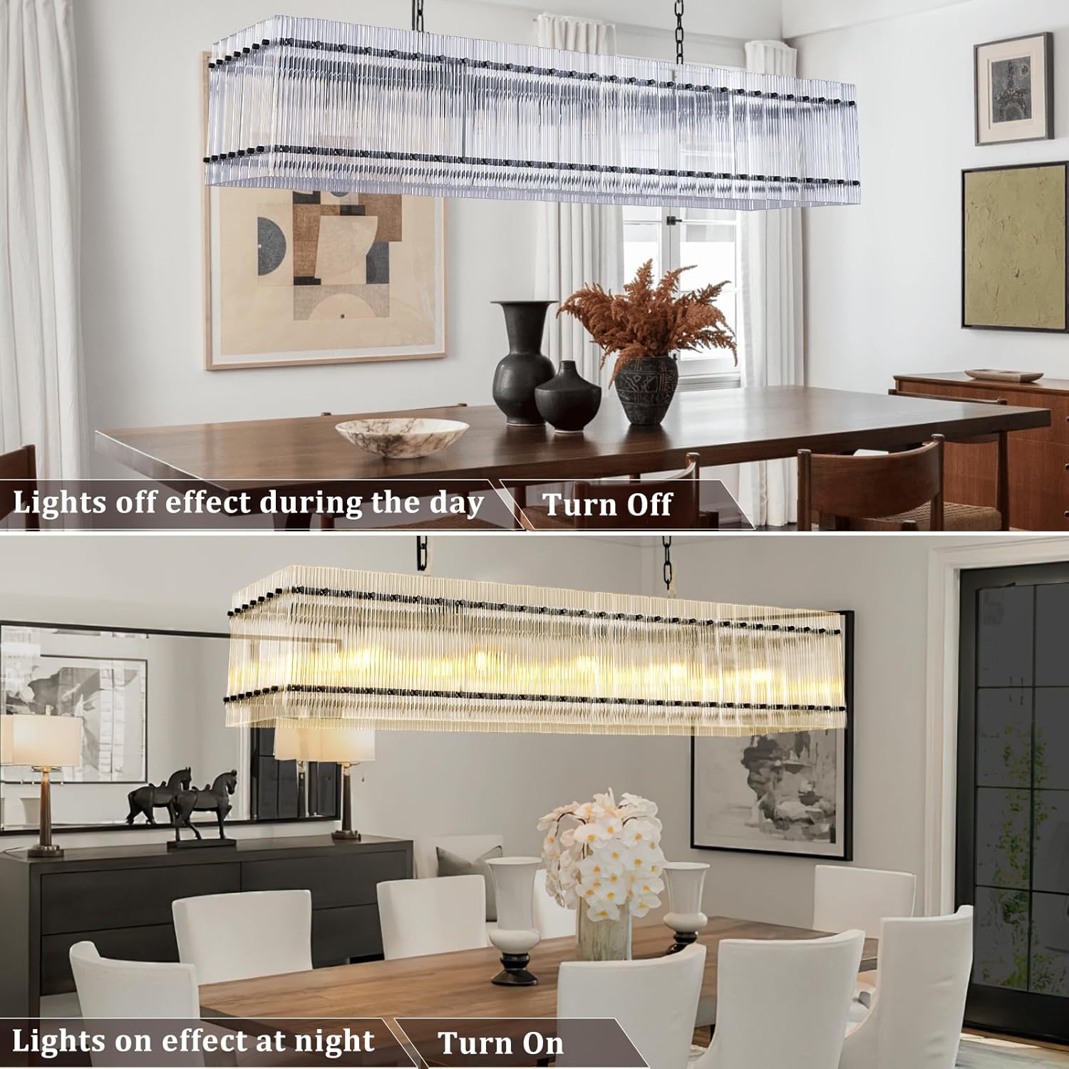 Modern Rectangular Crystal Glass Chandelier, 10-Lights Black Chandelier Lighting Contemporary Pendant Ceiling Light Fixture for Dining Room Living Room Kitchen Island - Image 4