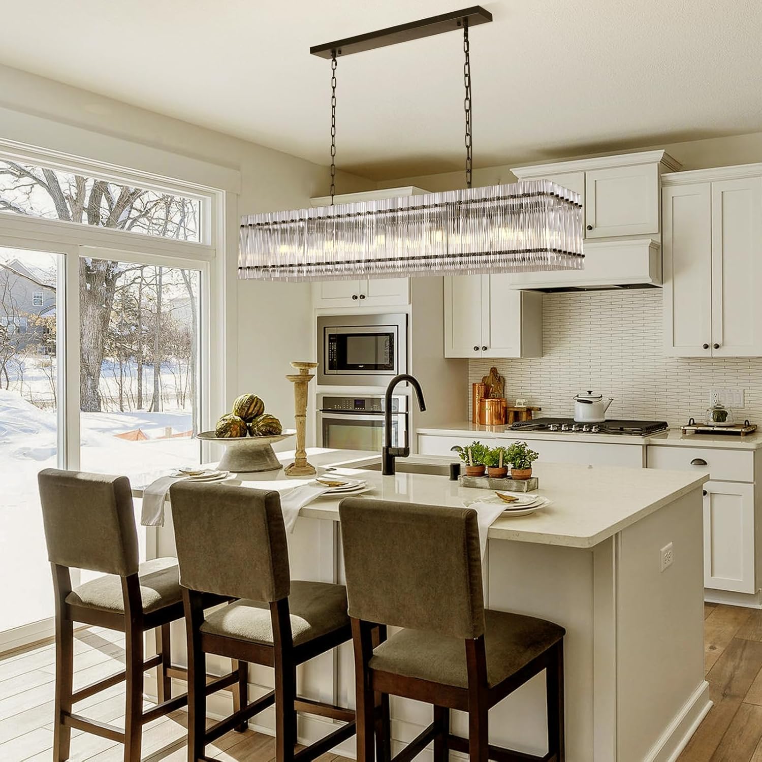 Modern Rectangular Crystal Glass Chandelier, 10-Lights Black Chandelier Lighting Contemporary Pendant Ceiling Light Fixture for Dining Room Living Room Kitchen Island - Image 5