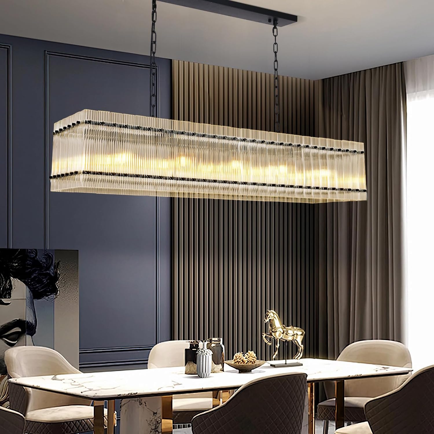 Modern Rectangular Crystal Glass Chandelier, 10-Lights Black Chandelier Lighting Contemporary Pendant Ceiling Light Fixture for Dining Room Living Room Kitchen Island - Image 6